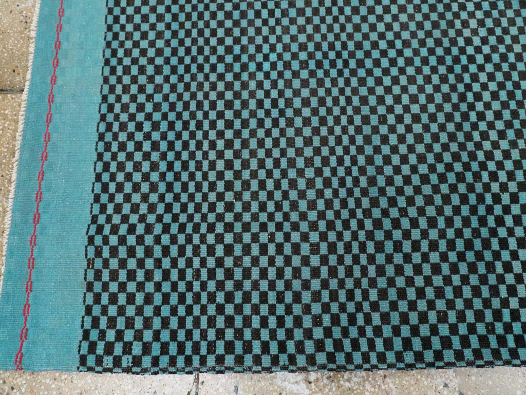 Wool Mid-20th Century Handmade Turkish Flatweave Accent Rug in Turquoise For Sale