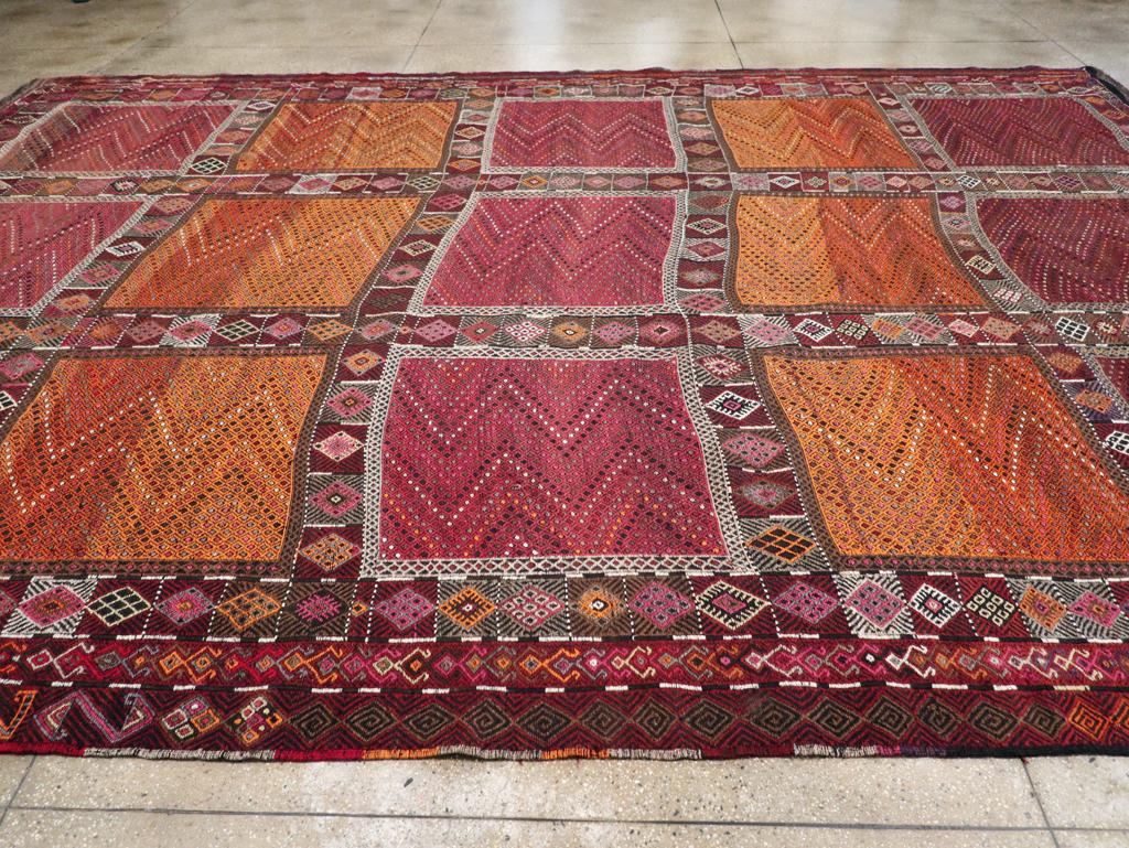 Hand-Woven Mid-20th Century Handmade Turkish Flatweave Kilim Large Tribal Carpet For Sale
