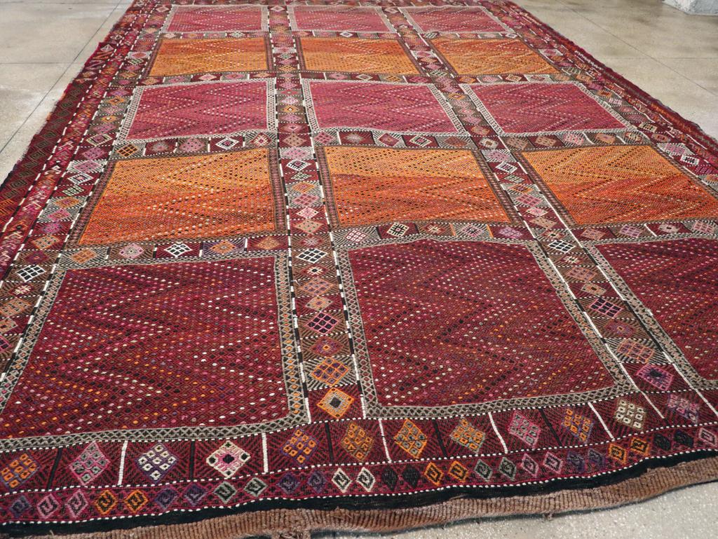 Wool Mid-20th Century Handmade Turkish Flatweave Kilim Large Tribal Carpet For Sale
