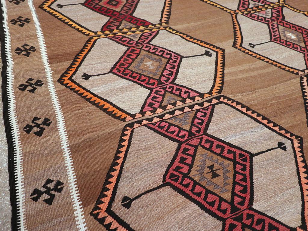 Hand-Woven Mid-20th Century Handmade Turkish Flatweave Kilim Room Size Tribal Carpet For Sale