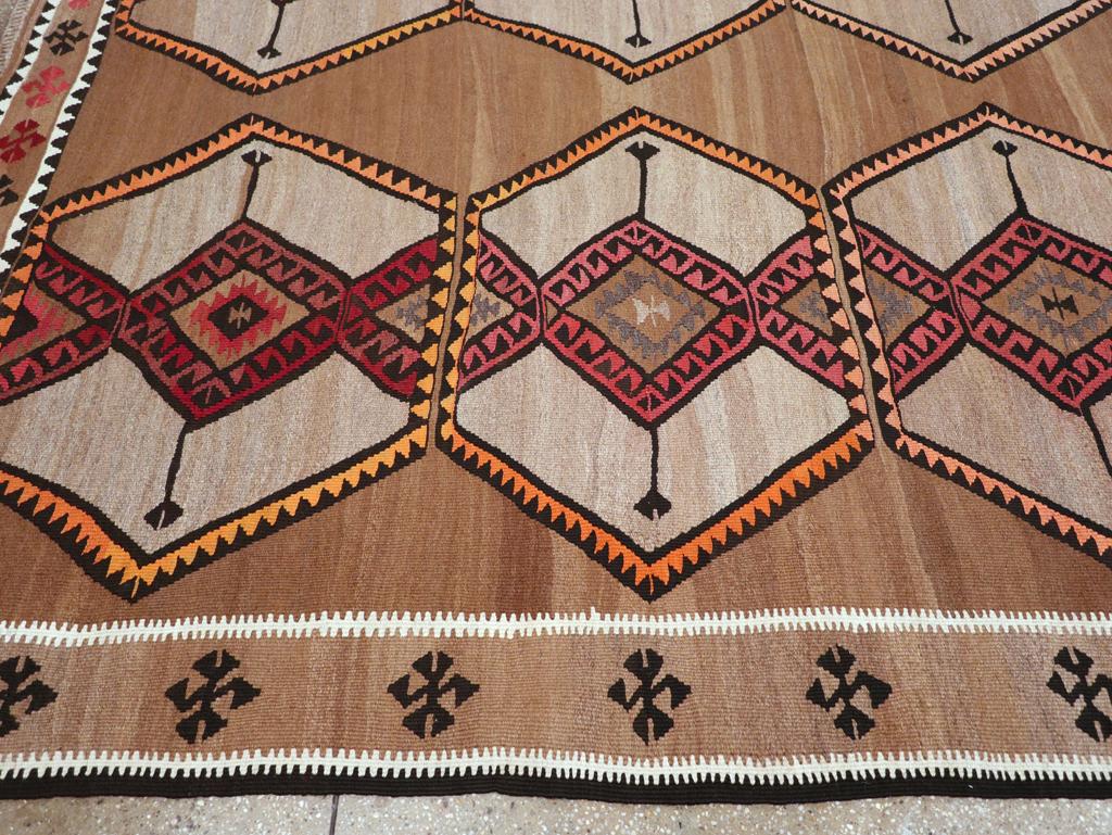 Wool Mid-20th Century Handmade Turkish Flatweave Kilim Room Size Tribal Carpet For Sale