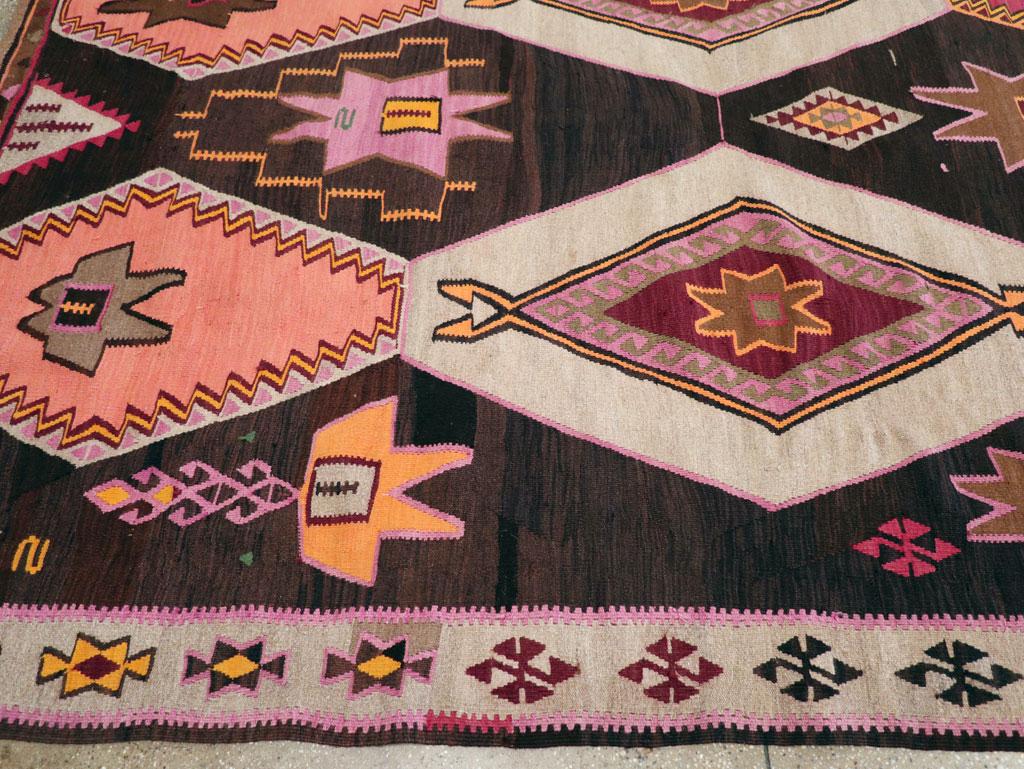 Wool Mid-20th Century Handmade Turkish Flatweave Kilim Room Size Tribal Carpet For Sale