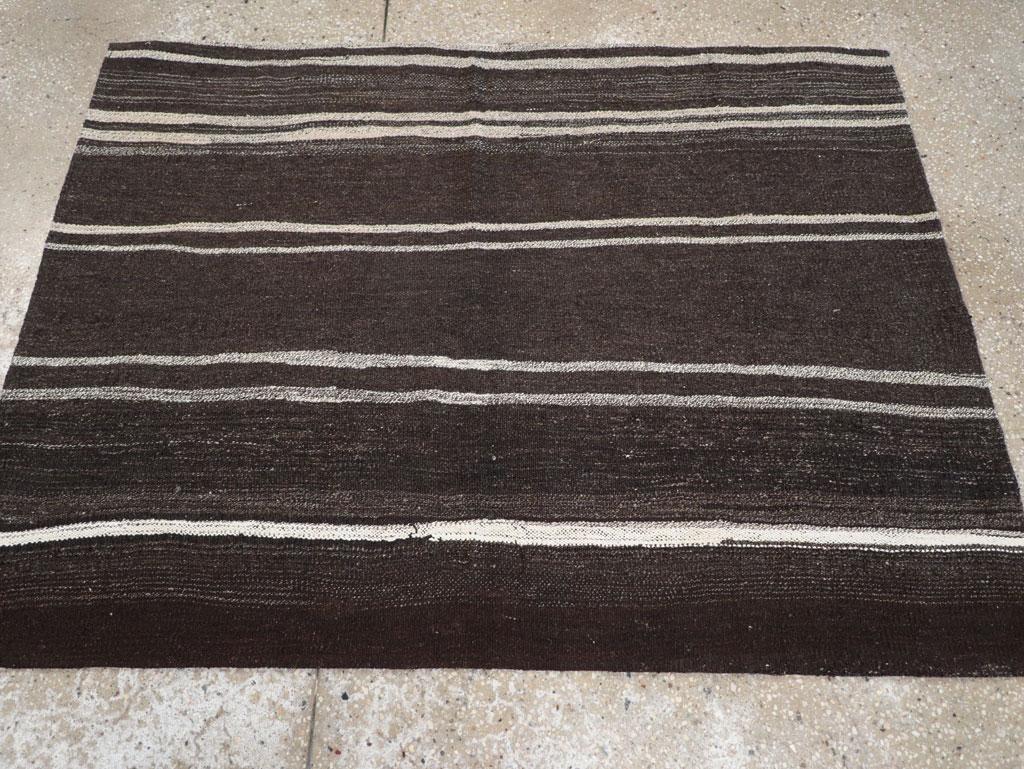 Hand-Woven Mid-20th Century Handmade Turkish Flatweave Kilim Throw Rug in Brown-Black For Sale