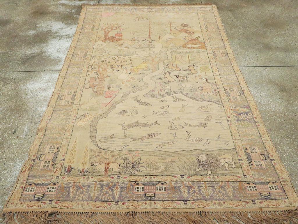 Annodato a mano Tappeto d'accento turco Kayseri pittorico fatto a mano della metà del XX secolo, circa 1930 in vendita