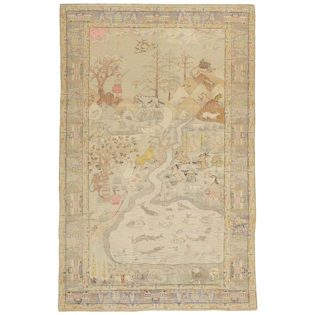 Mid-20th Century Handmade Turkish Kayseri Pictorial Accent Rug, circa 1930 For Sale