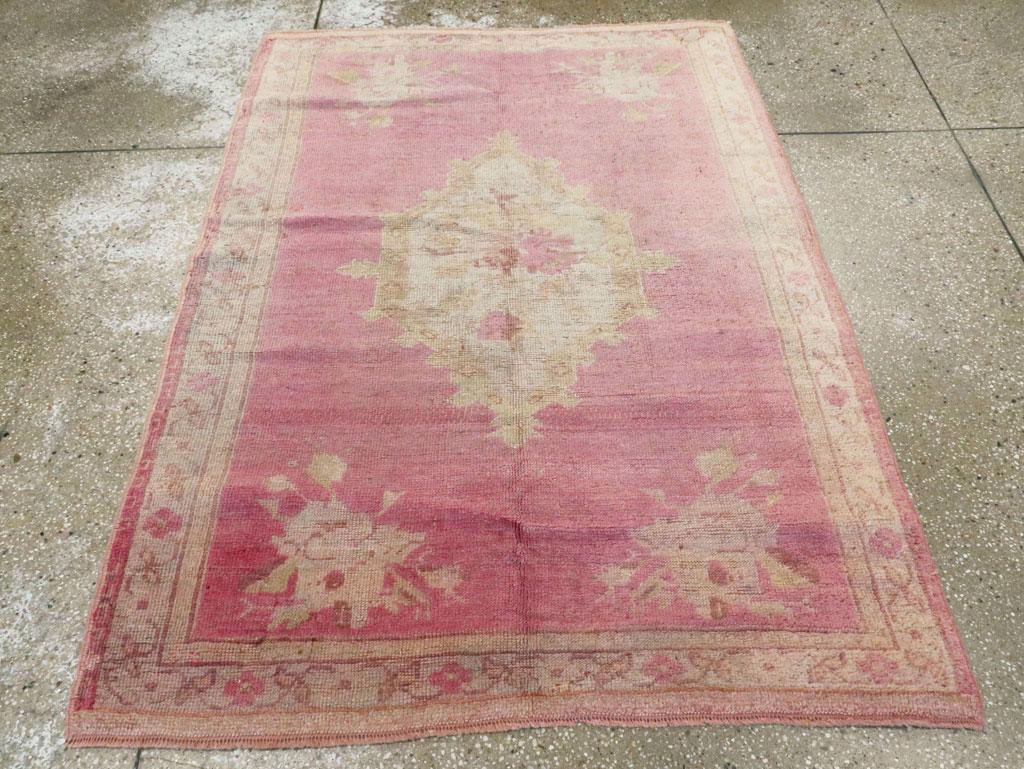 Hand-Knotted Mid-20th Century Handmade Turkish Oushak Throw Rug For Sale