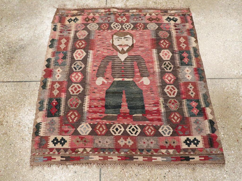 Folk Art Mid-20th Century Handmade Turkish Pictorial Flatweave Kilim Square Throw Rug For Sale