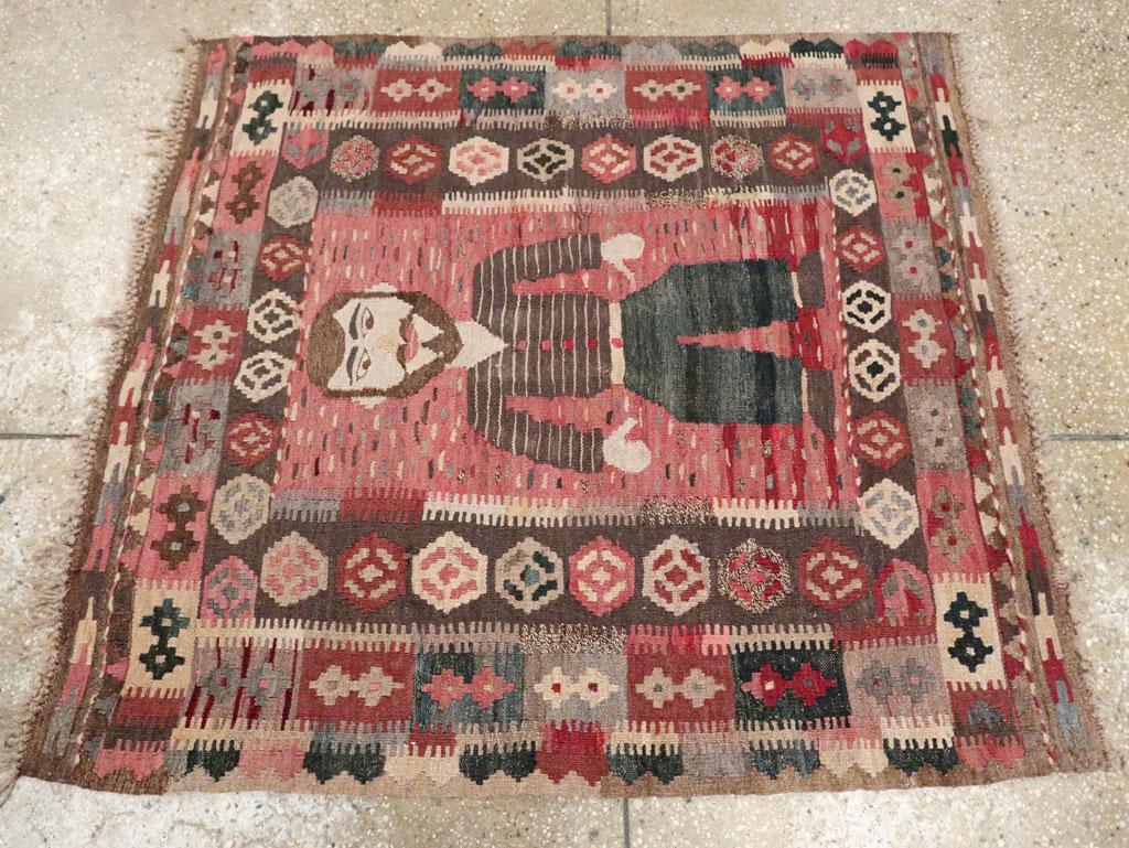 Mid-20th Century Handmade Turkish Pictorial Flatweave Kilim Square Throw Rug In Excellent Condition For Sale In New York, NY