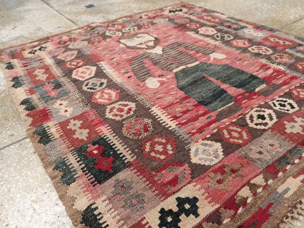Wool Mid-20th Century Handmade Turkish Pictorial Flatweave Kilim Square Throw Rug For Sale