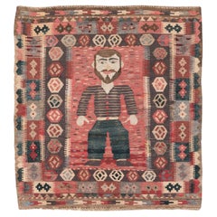 Mid-20th Century Handmade Turkish Pictorial Flatweave Kilim Square Throw Rug