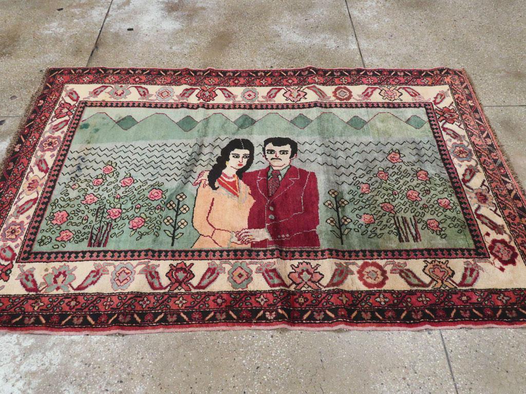 Hand-Knotted Mid-20th Century Handmade Turkish Sivas Pictorial Accent Rug For Sale
