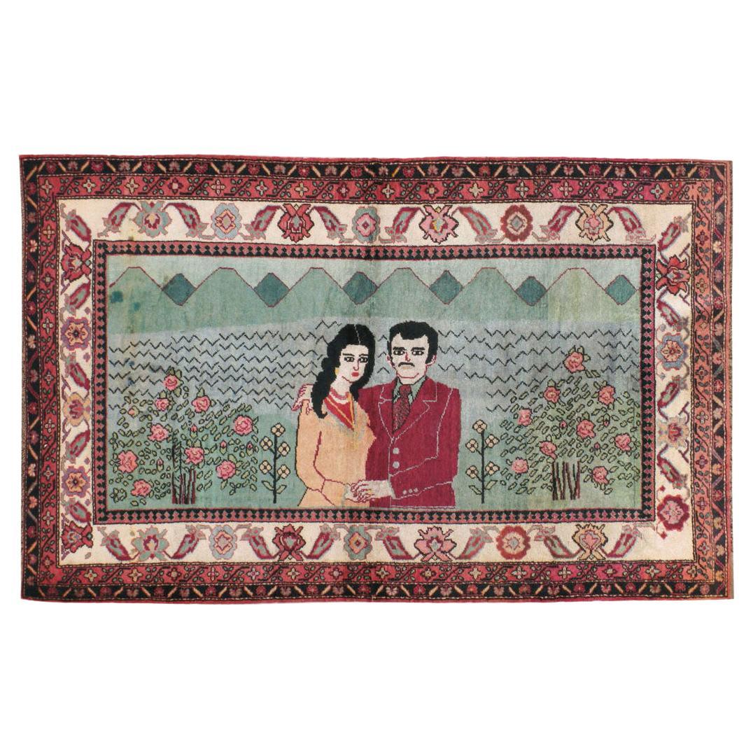 Mid-20th Century Handmade Turkish Sivas Pictorial Accent Rug For Sale
