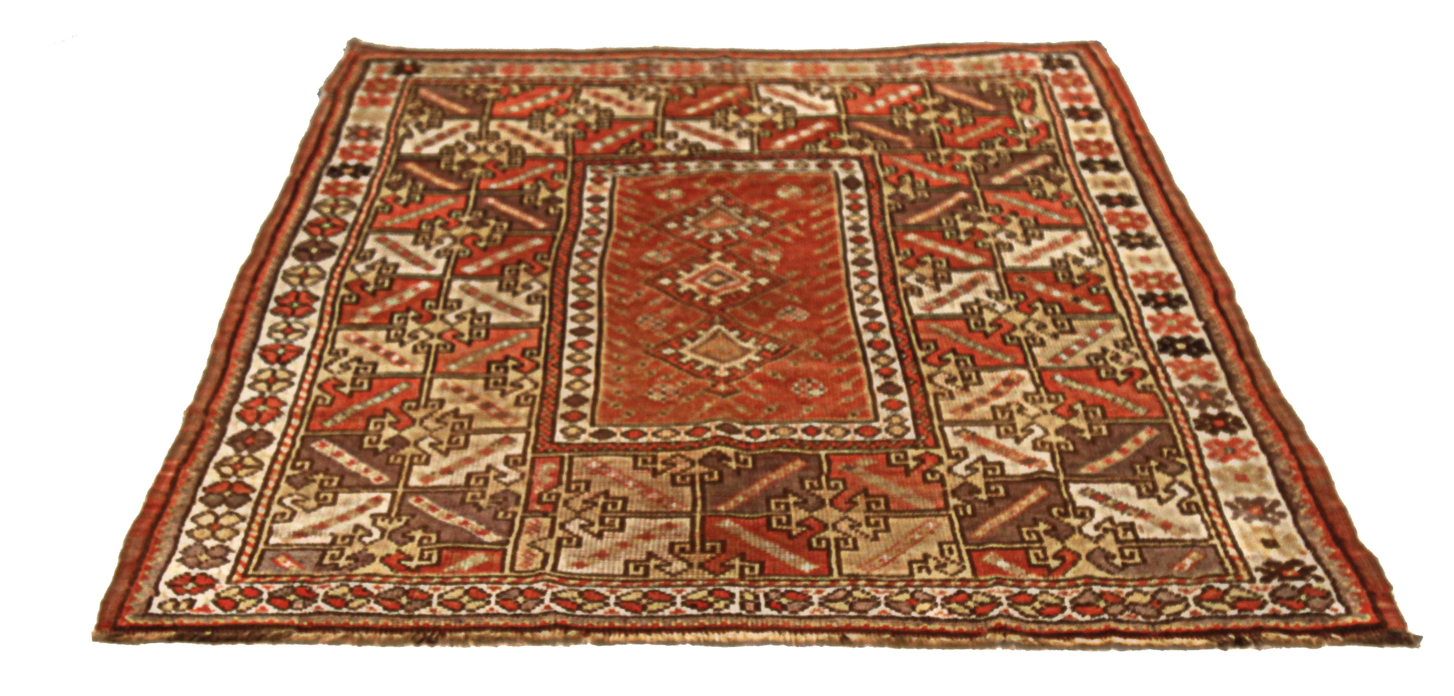 Modern 21st century hand-woven Turkish area rug made from fine wool and all-natural vegetable dyes that are safe for people and pets. This beautiful piece features a rich field of geometric and tribal details in various colors. 

This area rug has