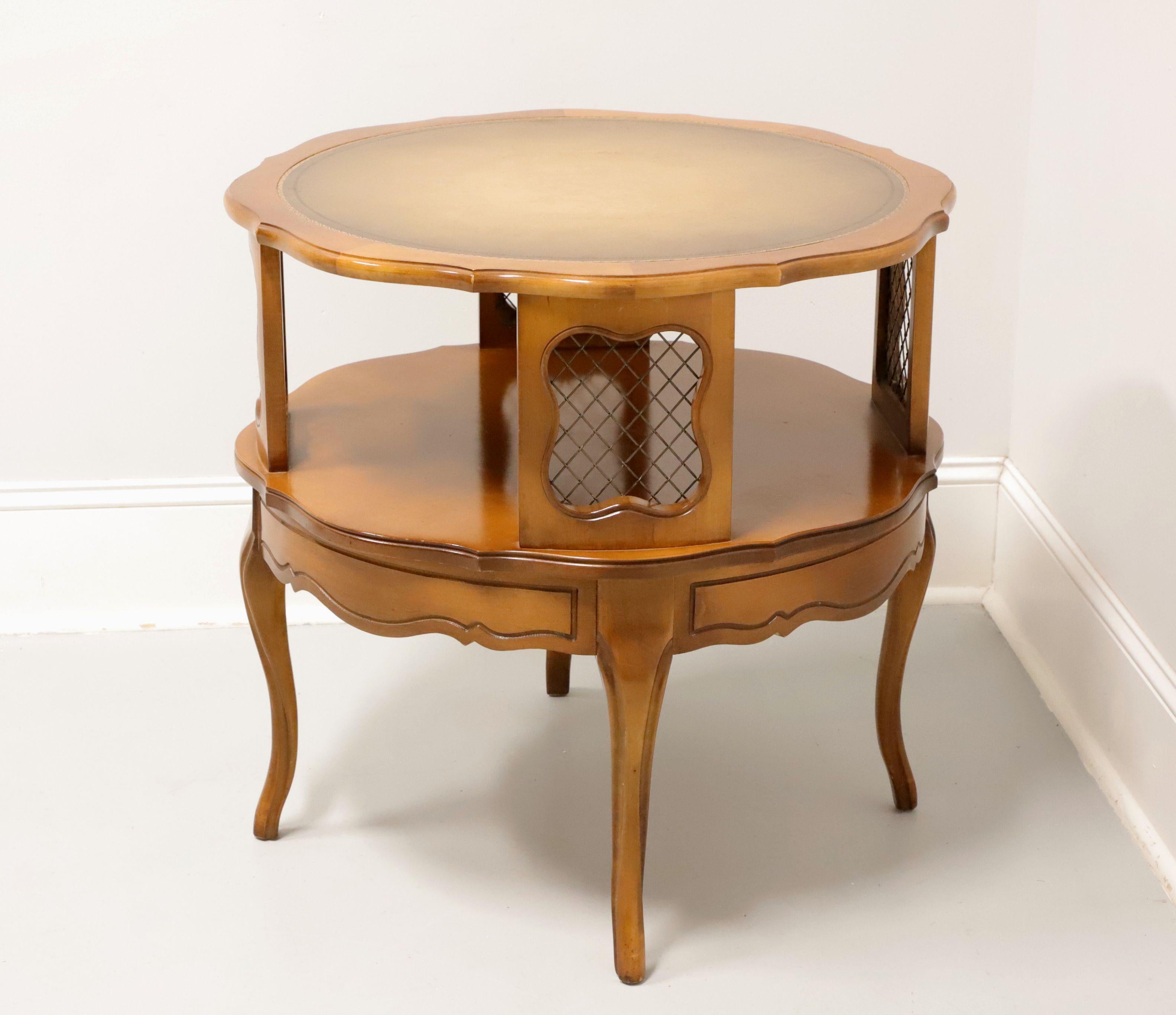 French Provincial Mid 20th Century Hardwood, Brass Mesh & Leather French Round Accent Table For Sale