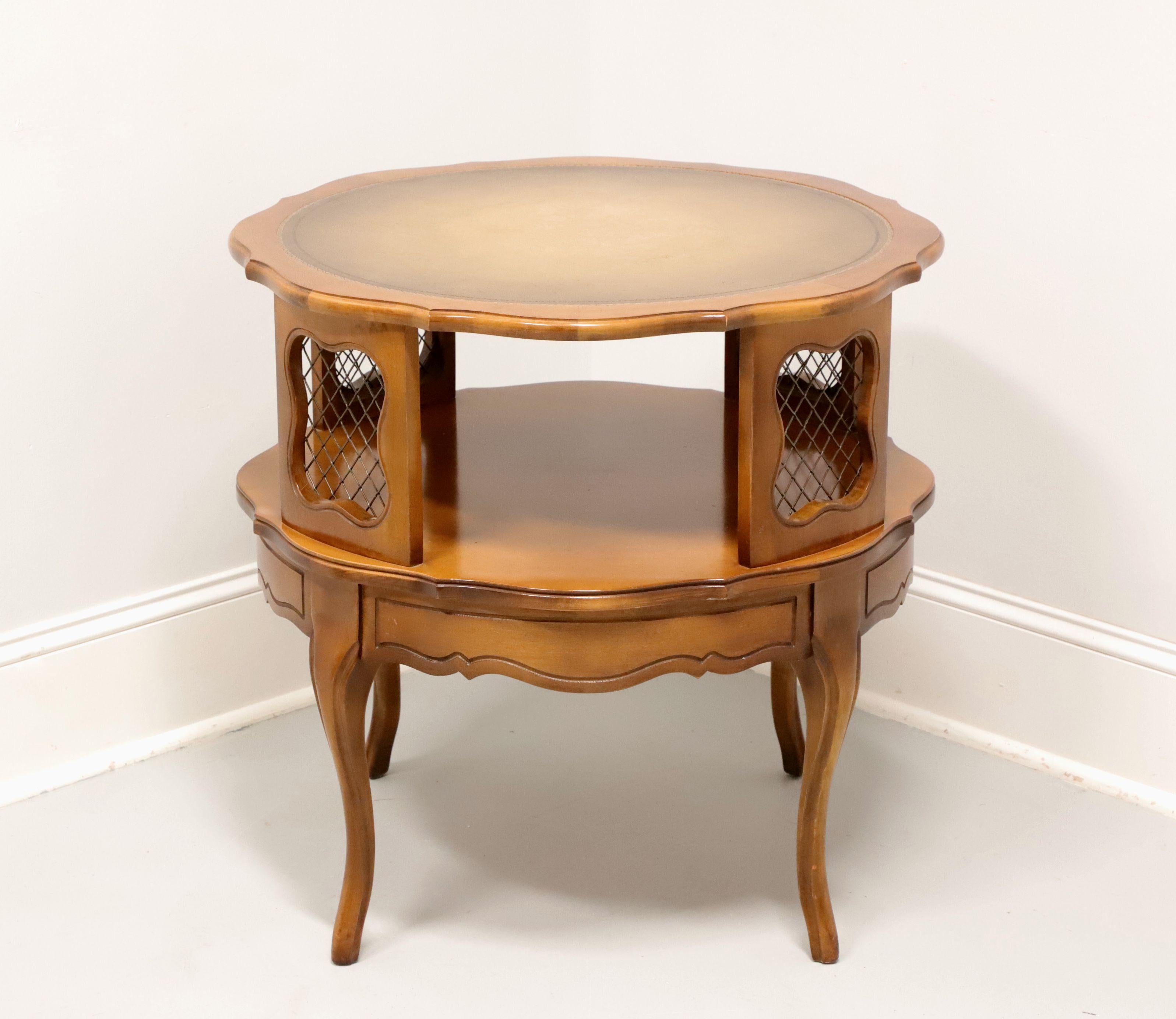 American Mid 20th Century Hardwood, Brass Mesh & Leather French Round Accent Table For Sale