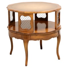 Retro Mid 20th Century Hardwood, Brass Mesh & Leather French Round Accent Table