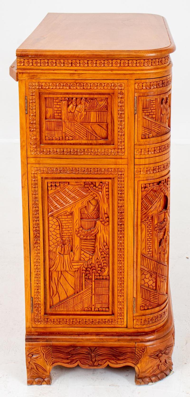 Mid-20th Century Heavily Hand Carved Wood Cocktail Bar Cabinet For Sale 8