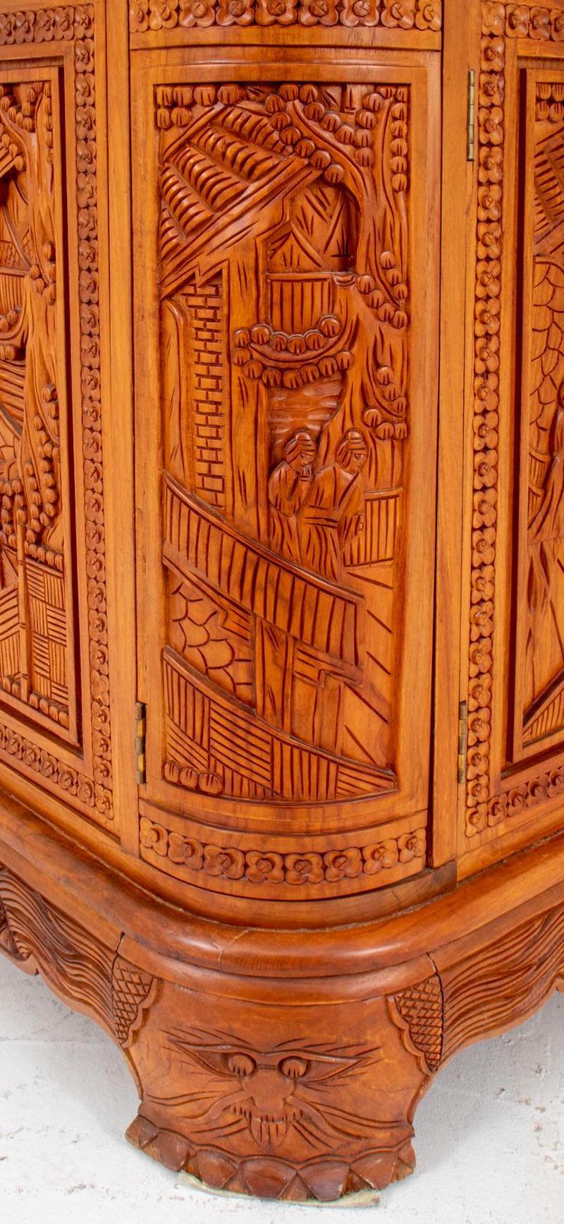 Mid-20th Century Heavily Hand Carved Wood Cocktail Bar Cabinet For Sale 1