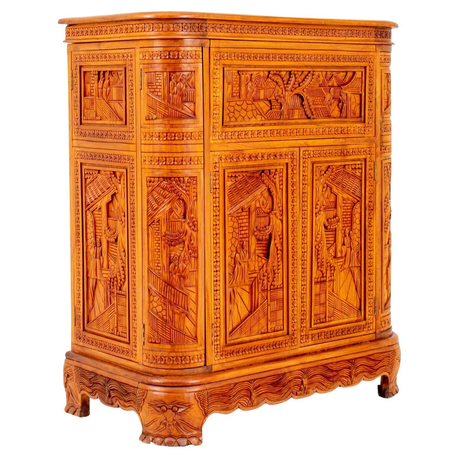 Mid-20th Century Heavily Hand Carved Wood Cocktail Bar Cabinet For Sale