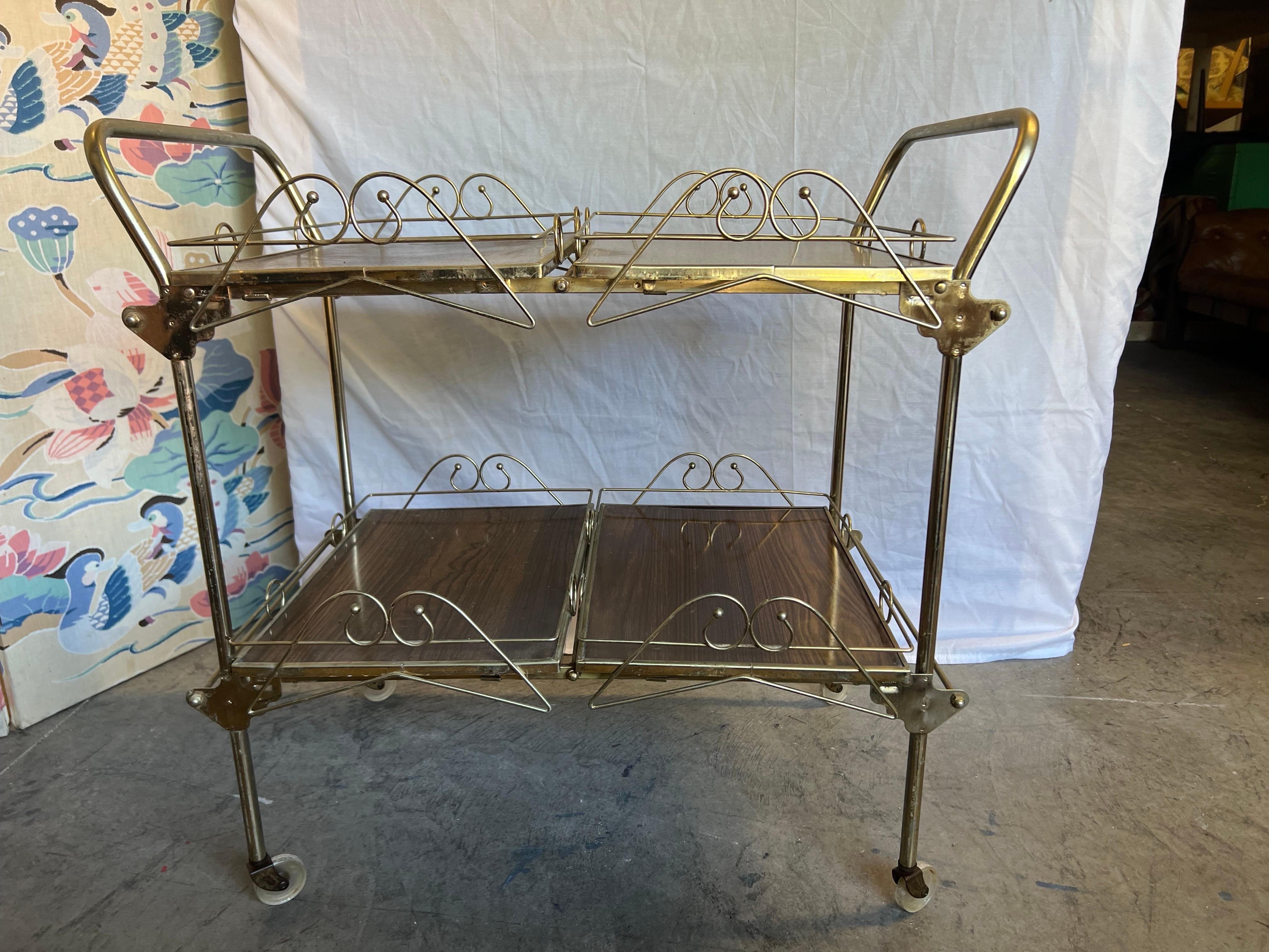 American Mid-20th Century Hollywood Regency Brass and Walnut Tone Serving Cart For Sale