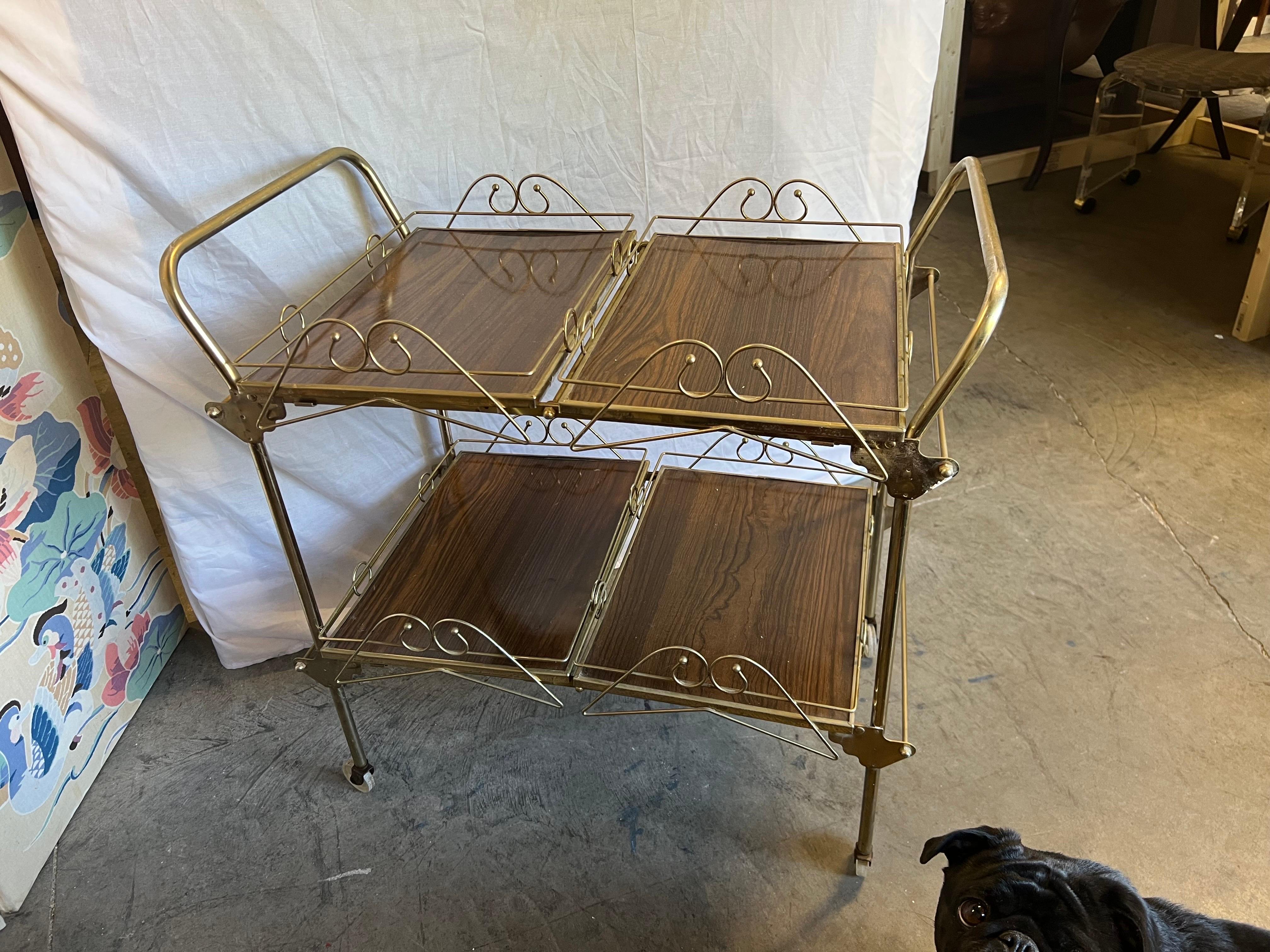 Mid-20th Century Hollywood Regency Brass and Walnut Tone Serving Cart For Sale 3