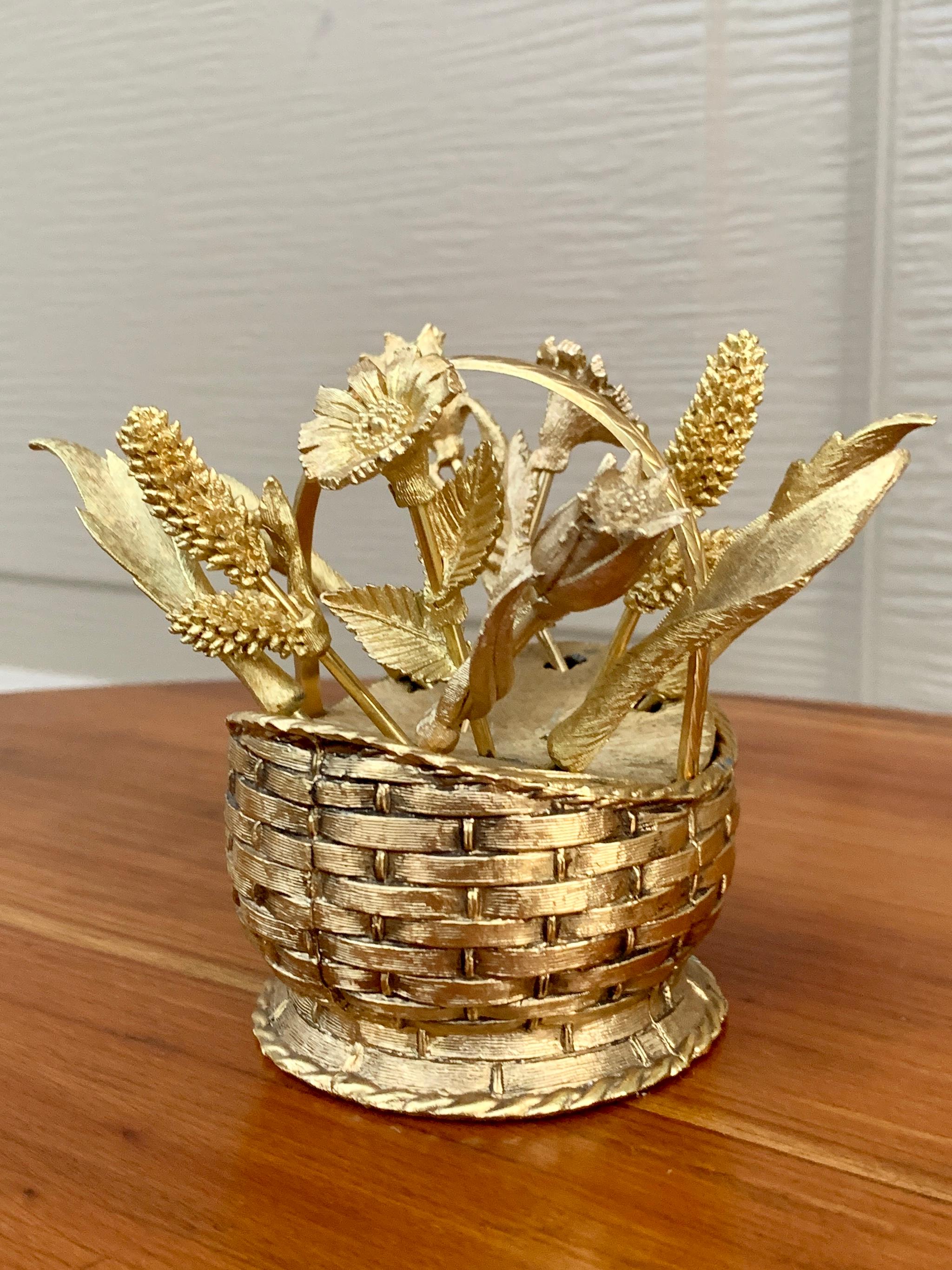American Mid-20th Century Hollywood Regency Gold Flower Basket Cocktail Picks, Set of 10 For Sale