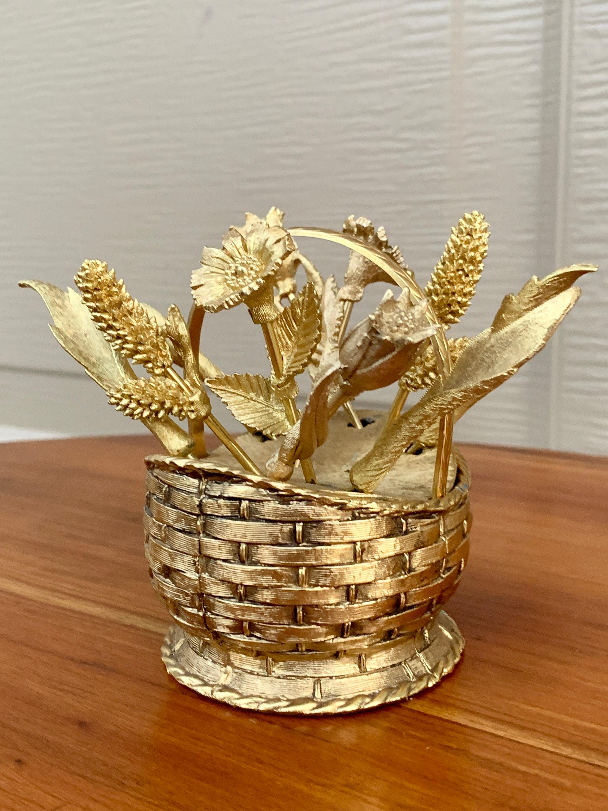 American Mid-20th Century Hollywood Regency Gold Flower Basket Cocktail Picks, Set of 10