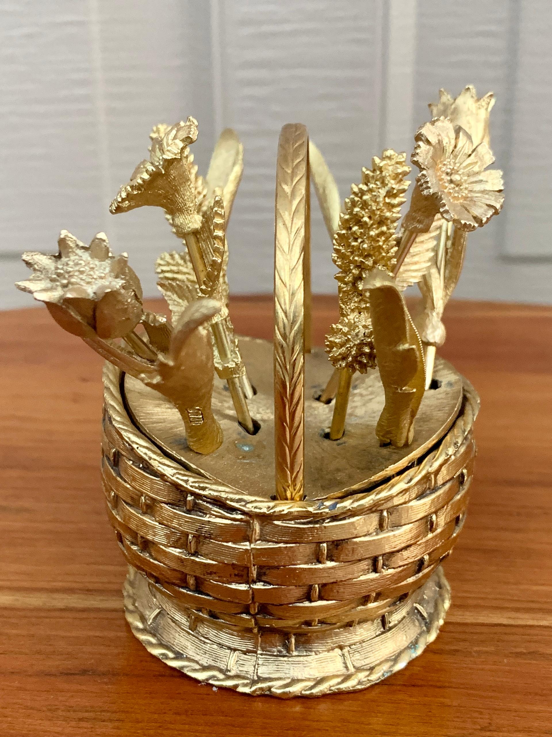 Mid-20th Century Hollywood Regency Gold Flower Basket Cocktail Picks, Set of 10 For Sale 3