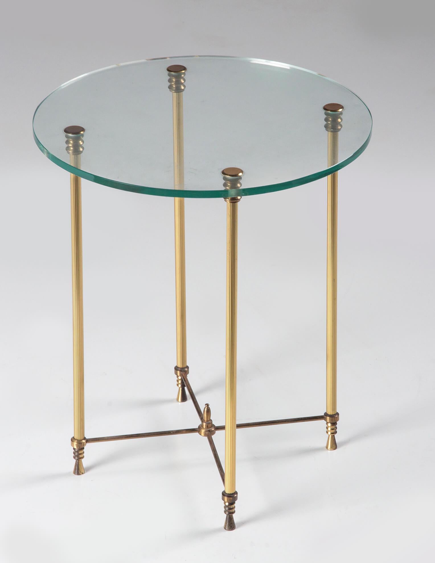 French Mid-20th Century Hollywood Regency Sidetable, Glass and Copper