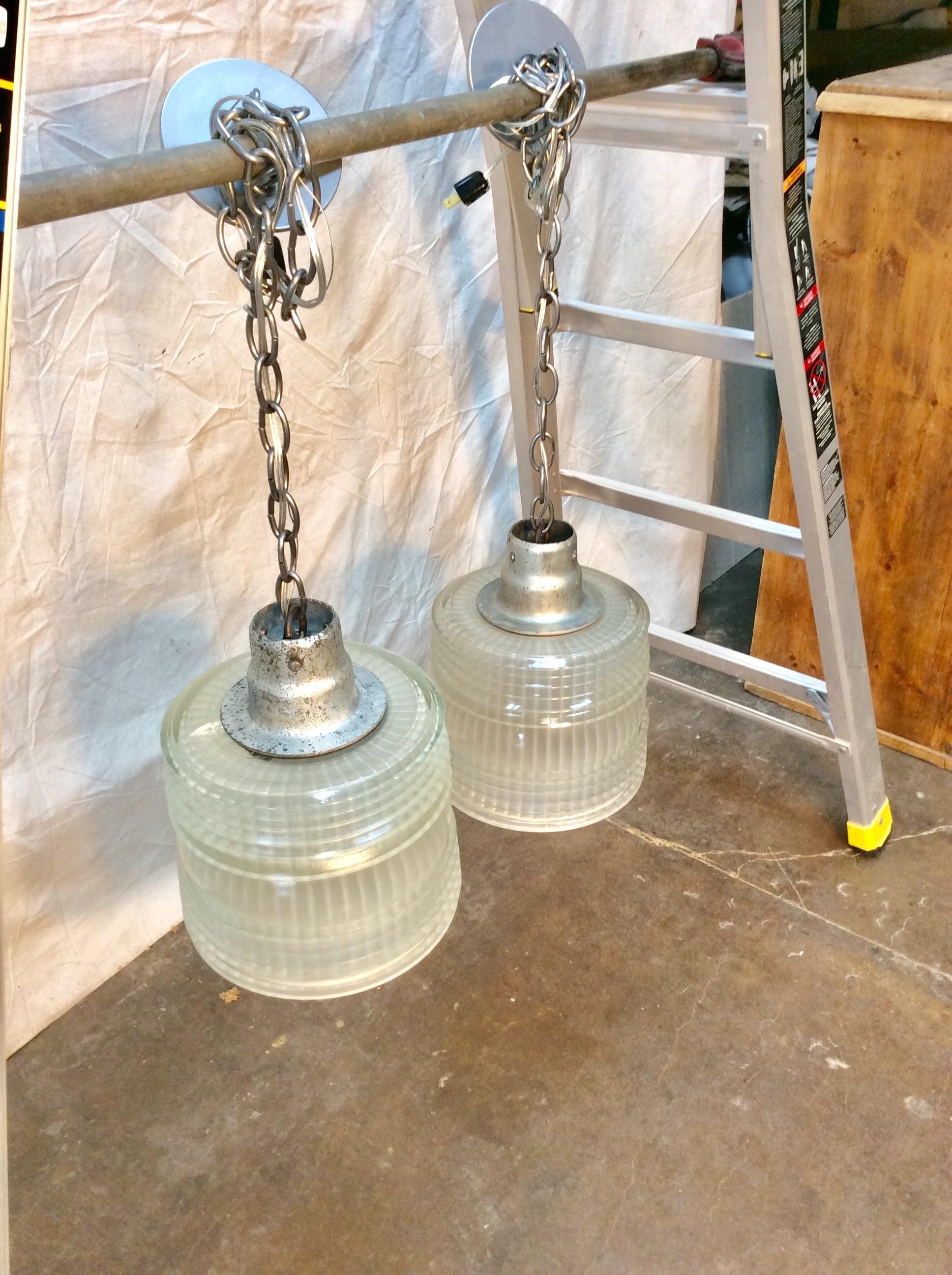 Mid-20th Century Holophane French Pendant Lights, a Pair In Good Condition For Sale In Burton, TX