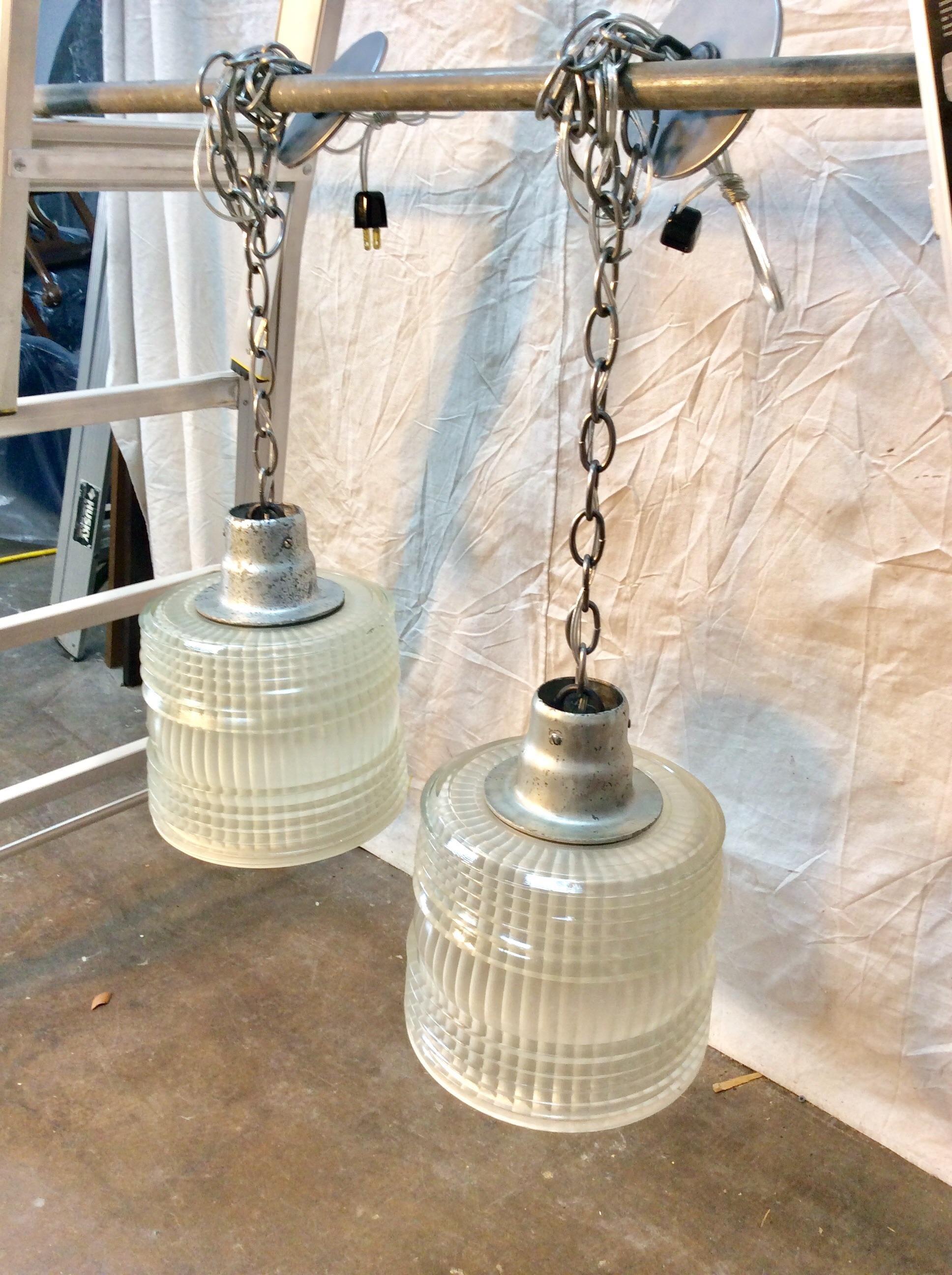 Metal Mid-20th Century Holophane French Pendant Lights, a Pair For Sale