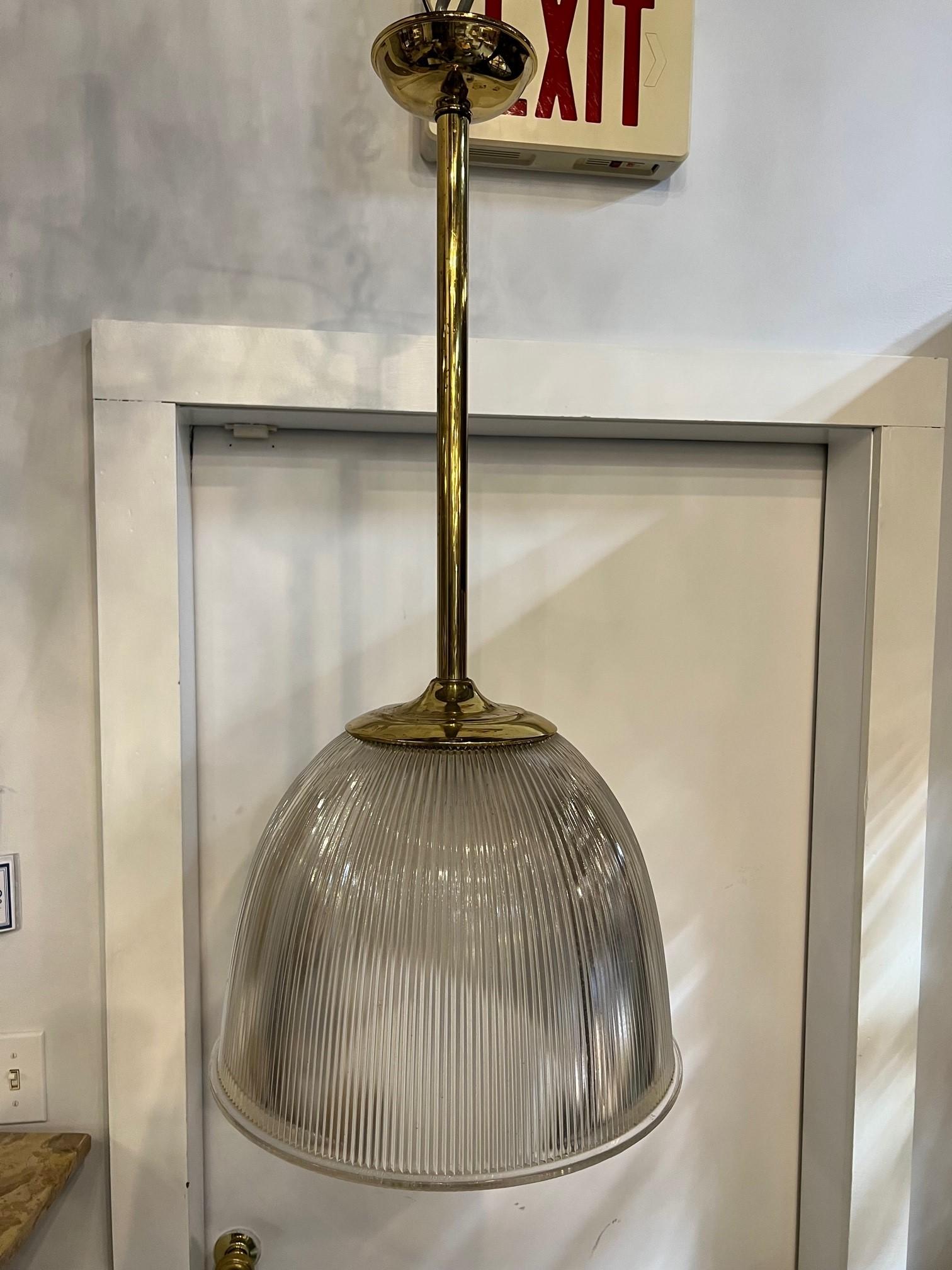 Seven Mid-20th Century Holophane Pyrex Glass Globe Pendant Light with Brass Pole For Sale 5
