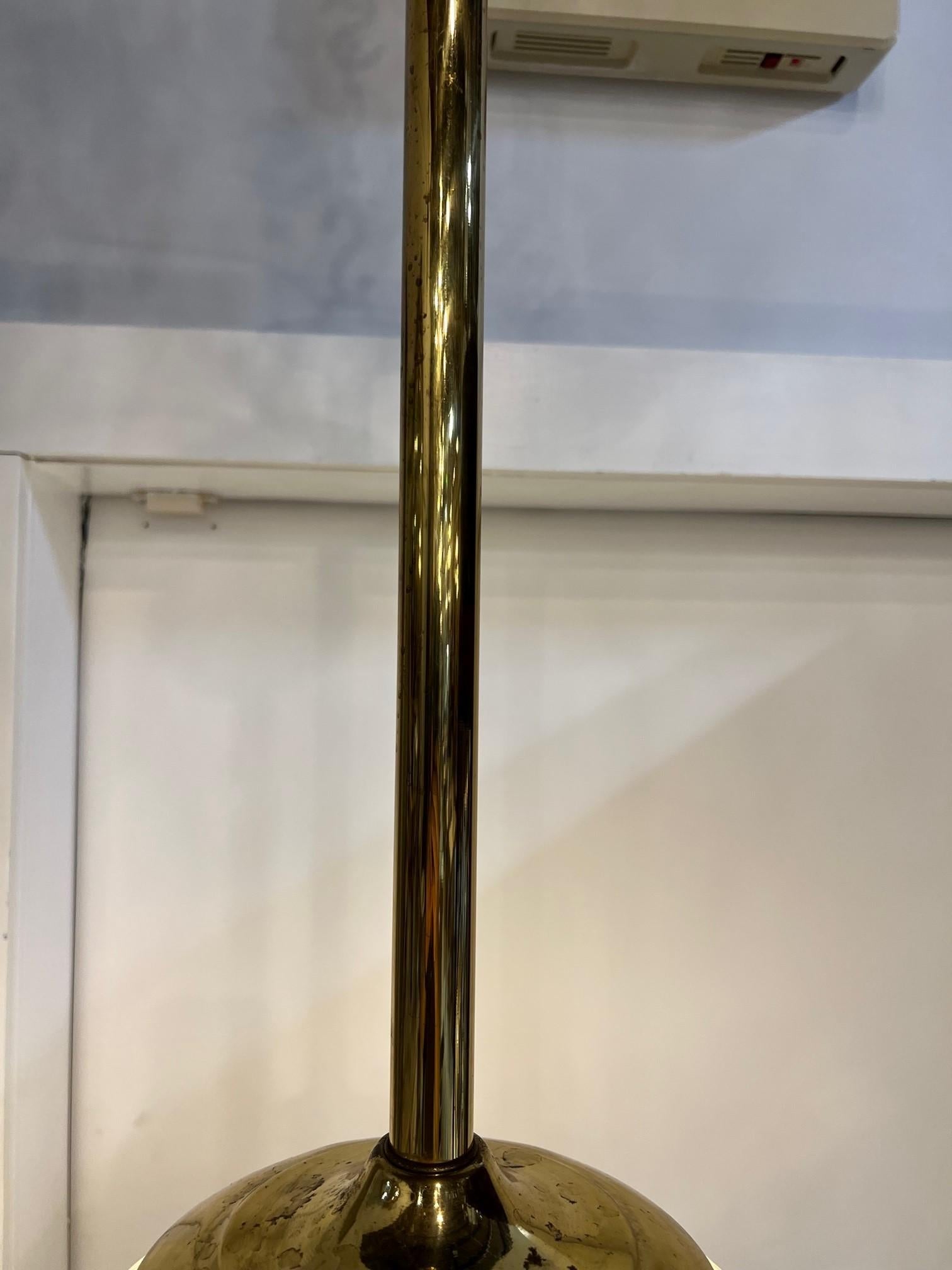 Seven Mid-20th Century Holophane Pyrex Glass Globe Pendant Light with Brass Pole In Good Condition For Sale In Stamford, CT