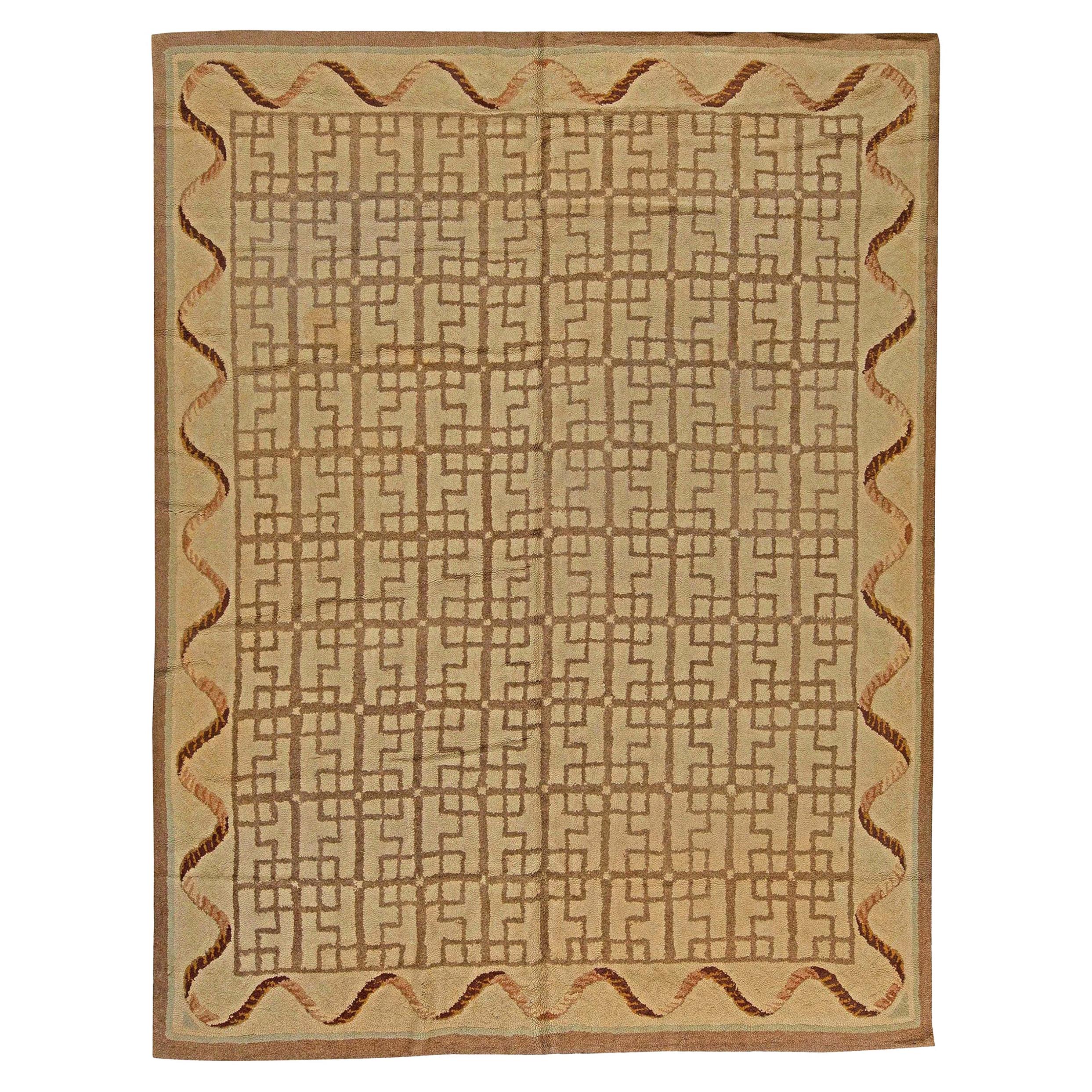 One-of-a-kind Vintage Hooked Geometric Wool Rug