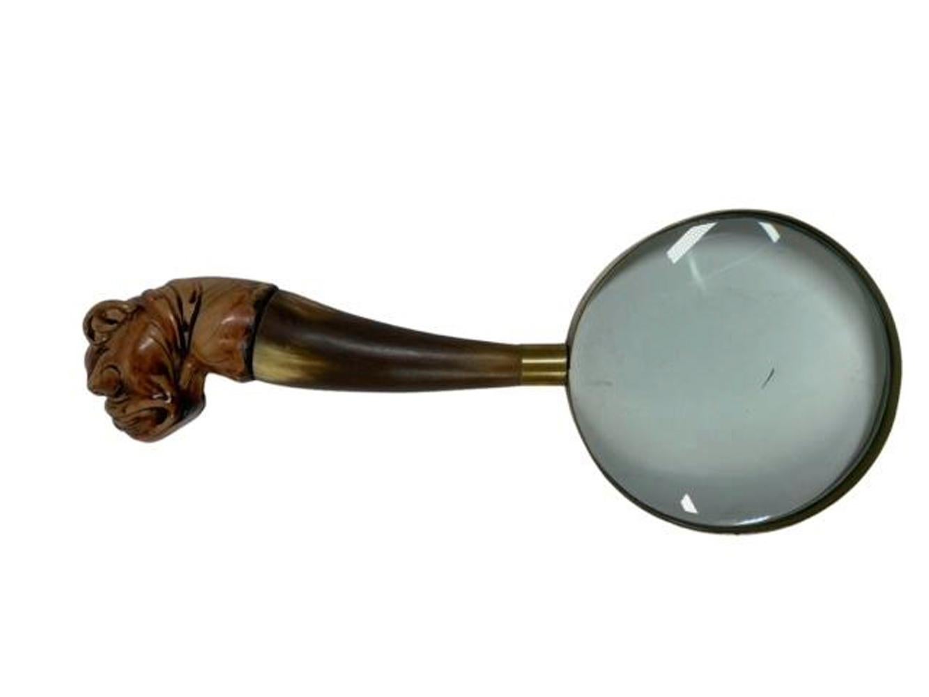 Mid 20th Century Horn with Composite Bulldog Head Handled Magnifying Glass In Good Condition In Nantucket, MA