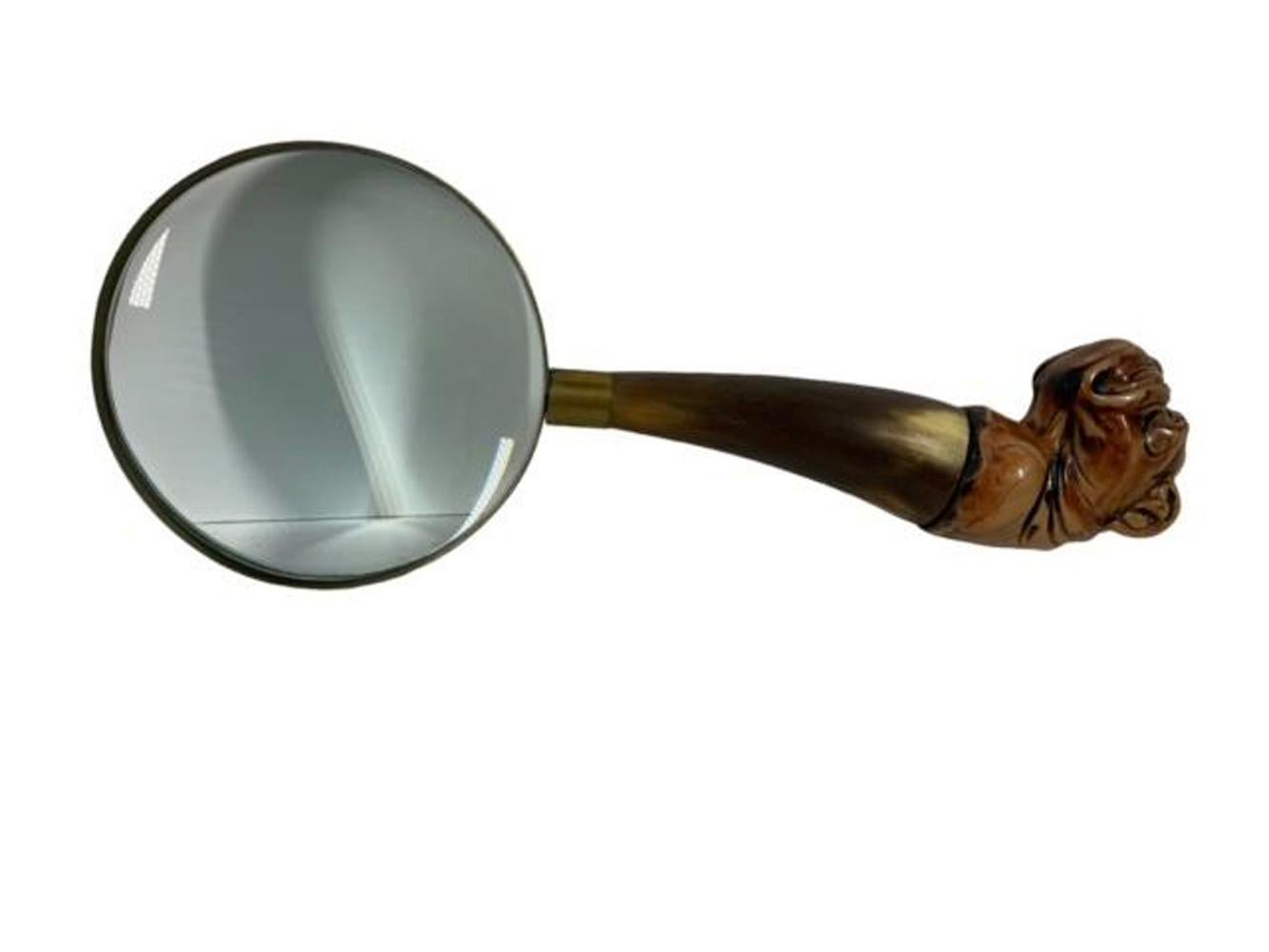 Brass Mid 20th Century Horn with Composite Bulldog Head Handled Magnifying Glass