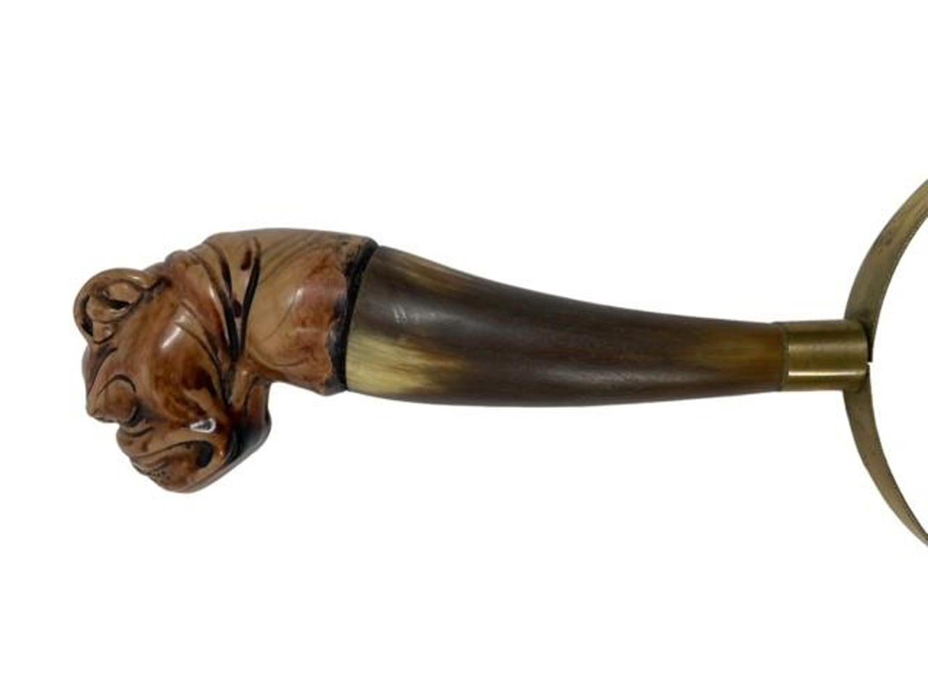 Mid 20th Century Horn with Composite Bulldog Head Handled Magnifying Glass 1