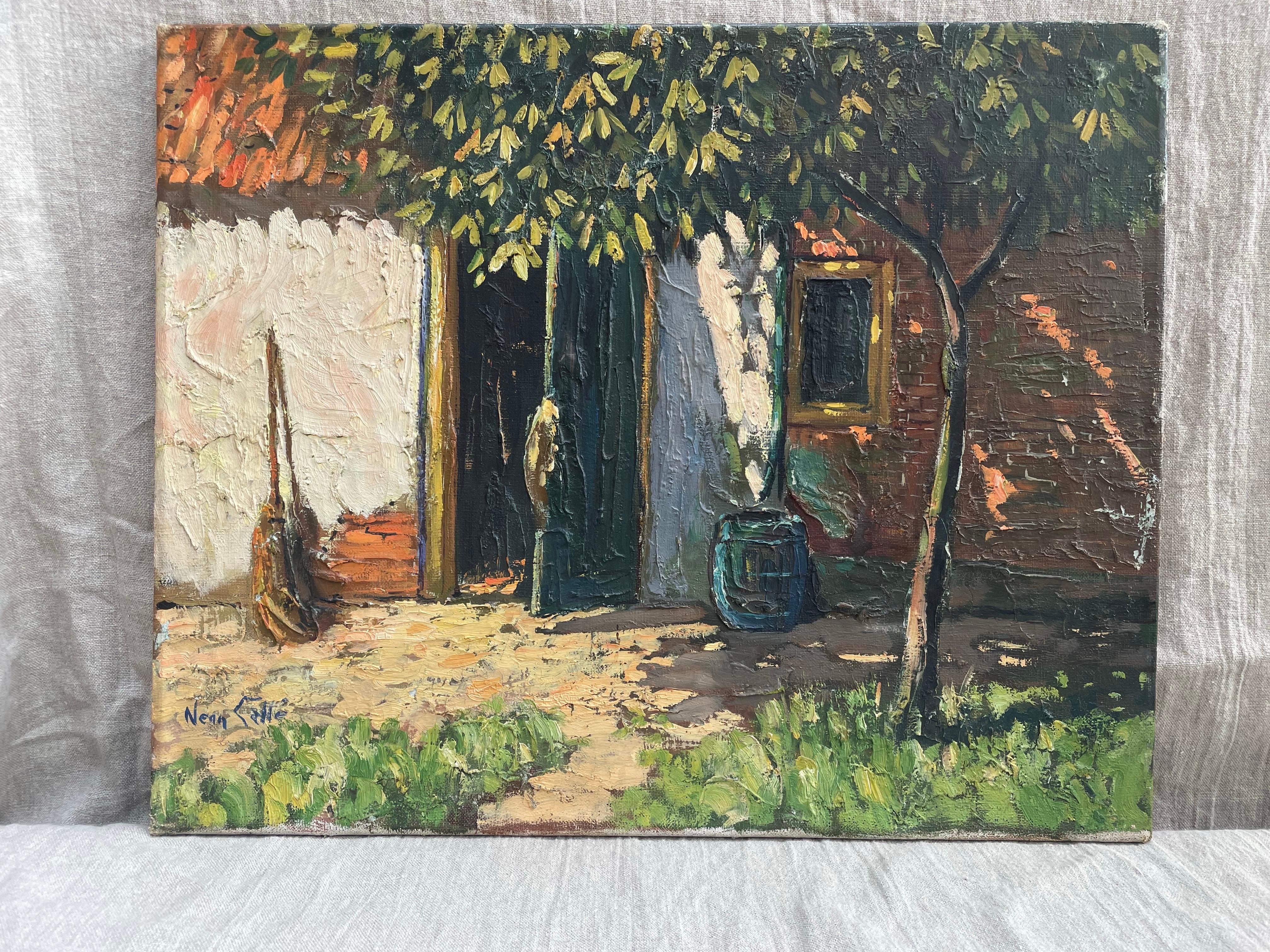 Rustique Peinture à l'huile impressionniste du milieu du 20e siècle sur la cour intérieure en vente