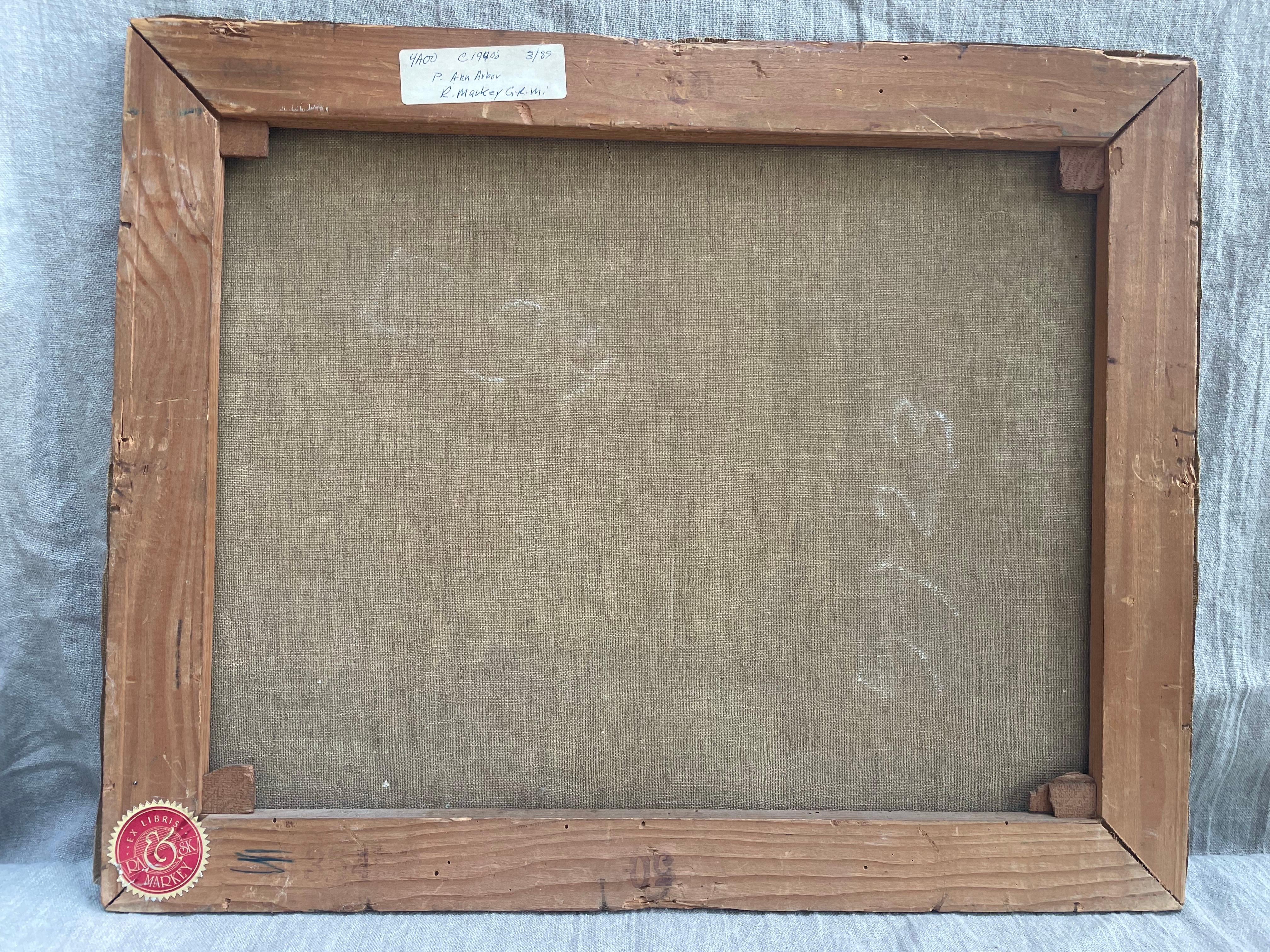 Peinture à l'huile impressionniste du milieu du 20e siècle sur la cour intérieure Bon état - En vente à Northport, MI