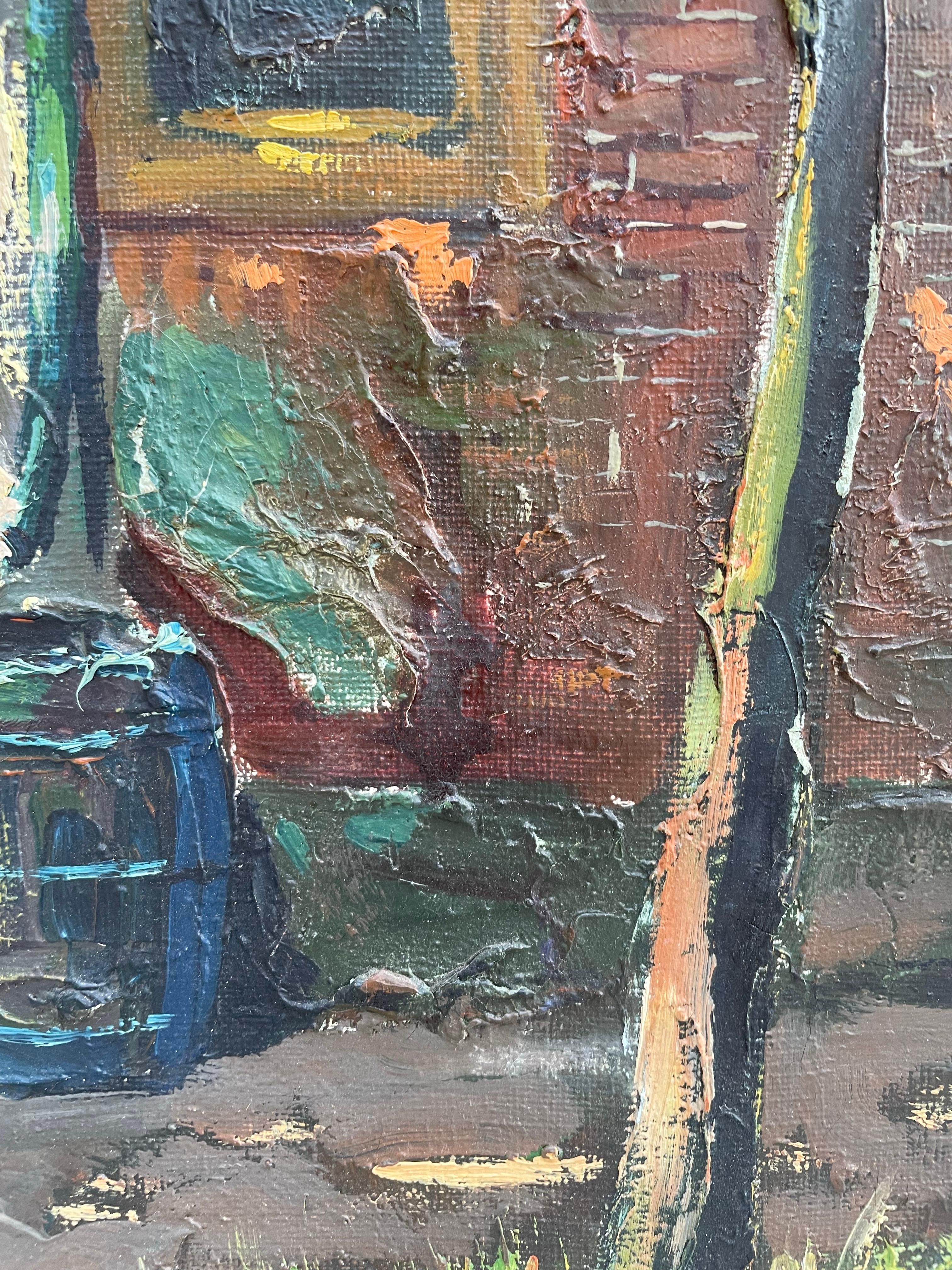 Peinture à l'huile impressionniste du milieu du 20e siècle sur la cour intérieure en vente 2