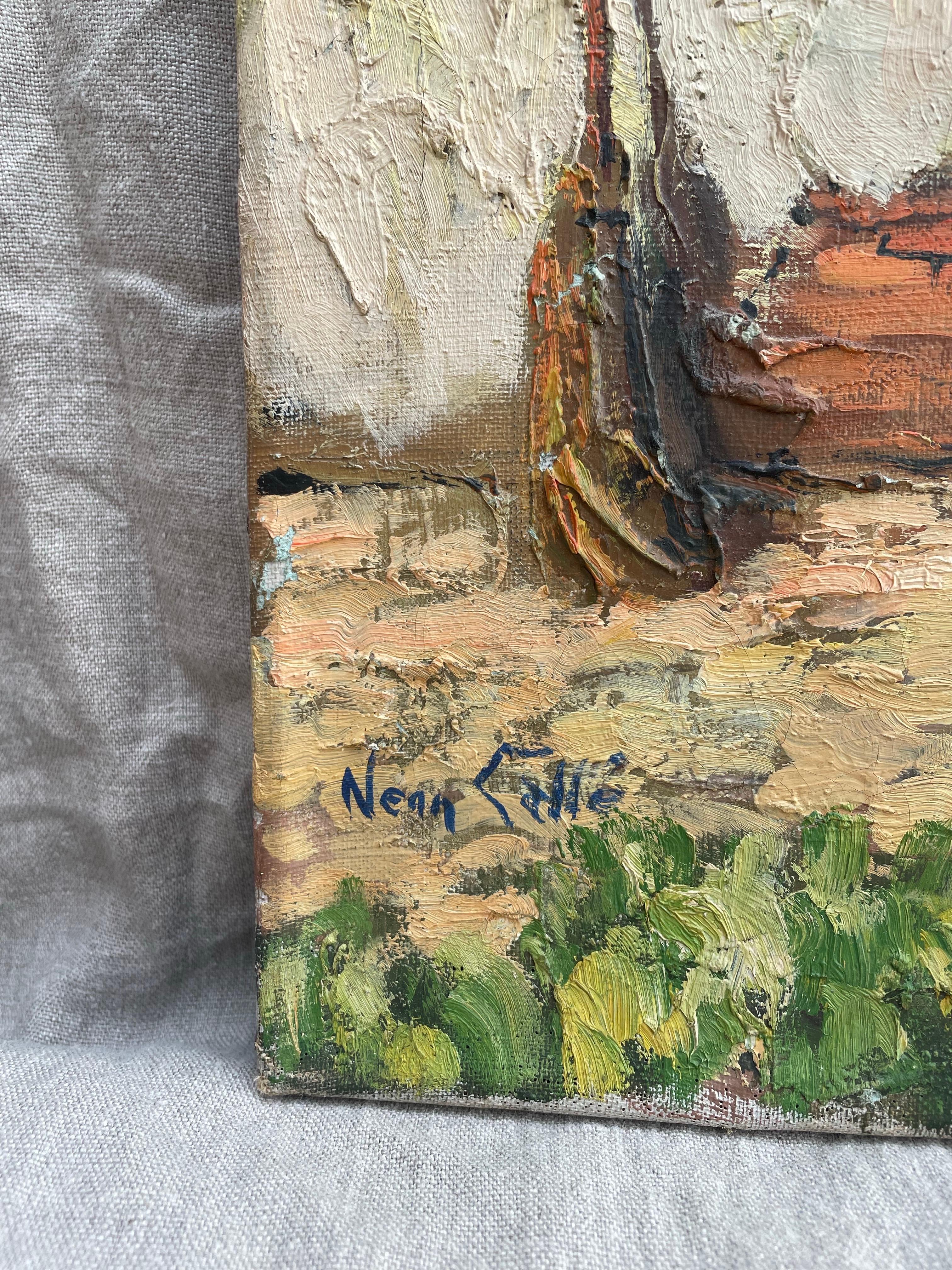Peinture à l'huile impressionniste du milieu du 20e siècle sur la cour intérieure en vente 3