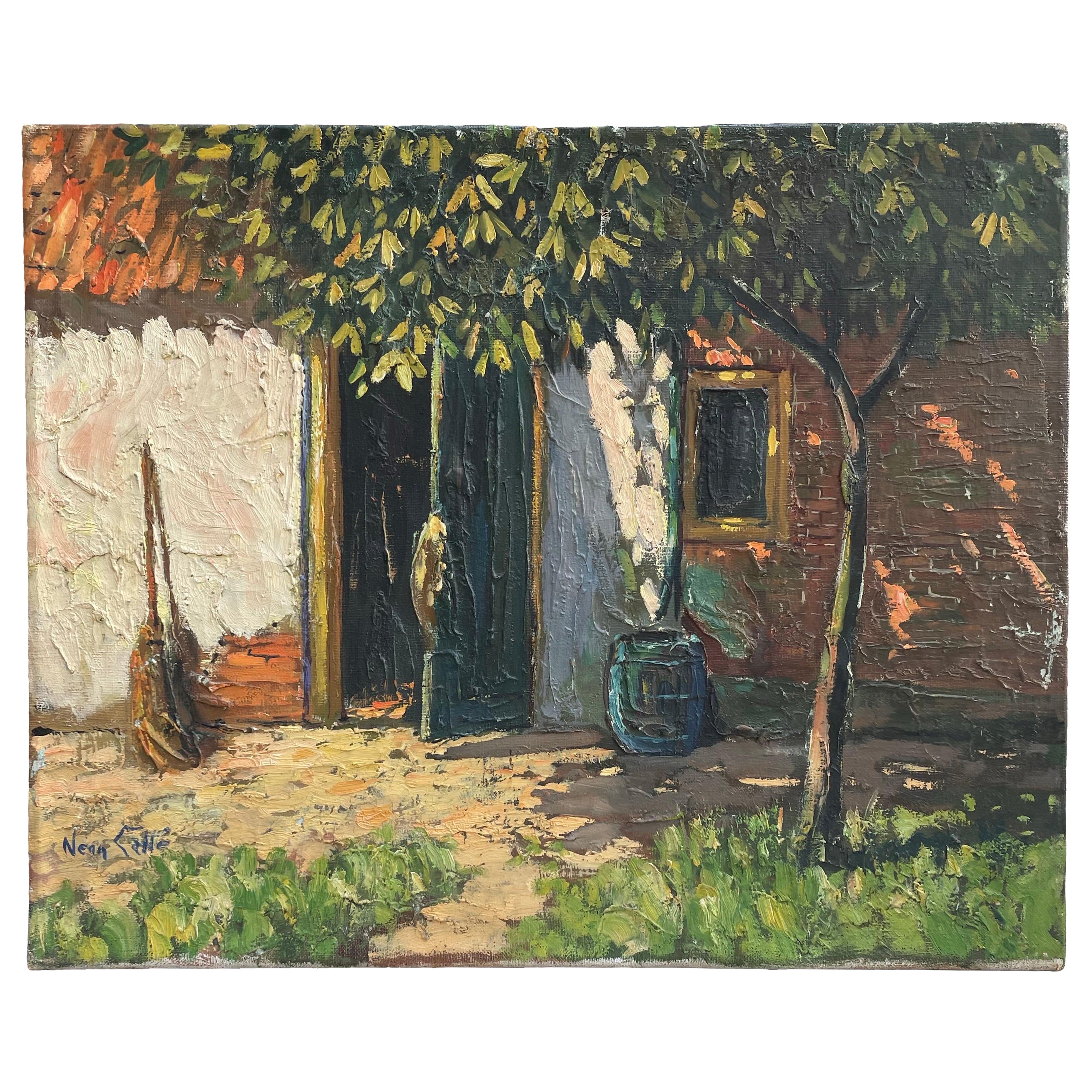 Peinture à l'huile impressionniste du milieu du 20e siècle sur la cour intérieure en vente