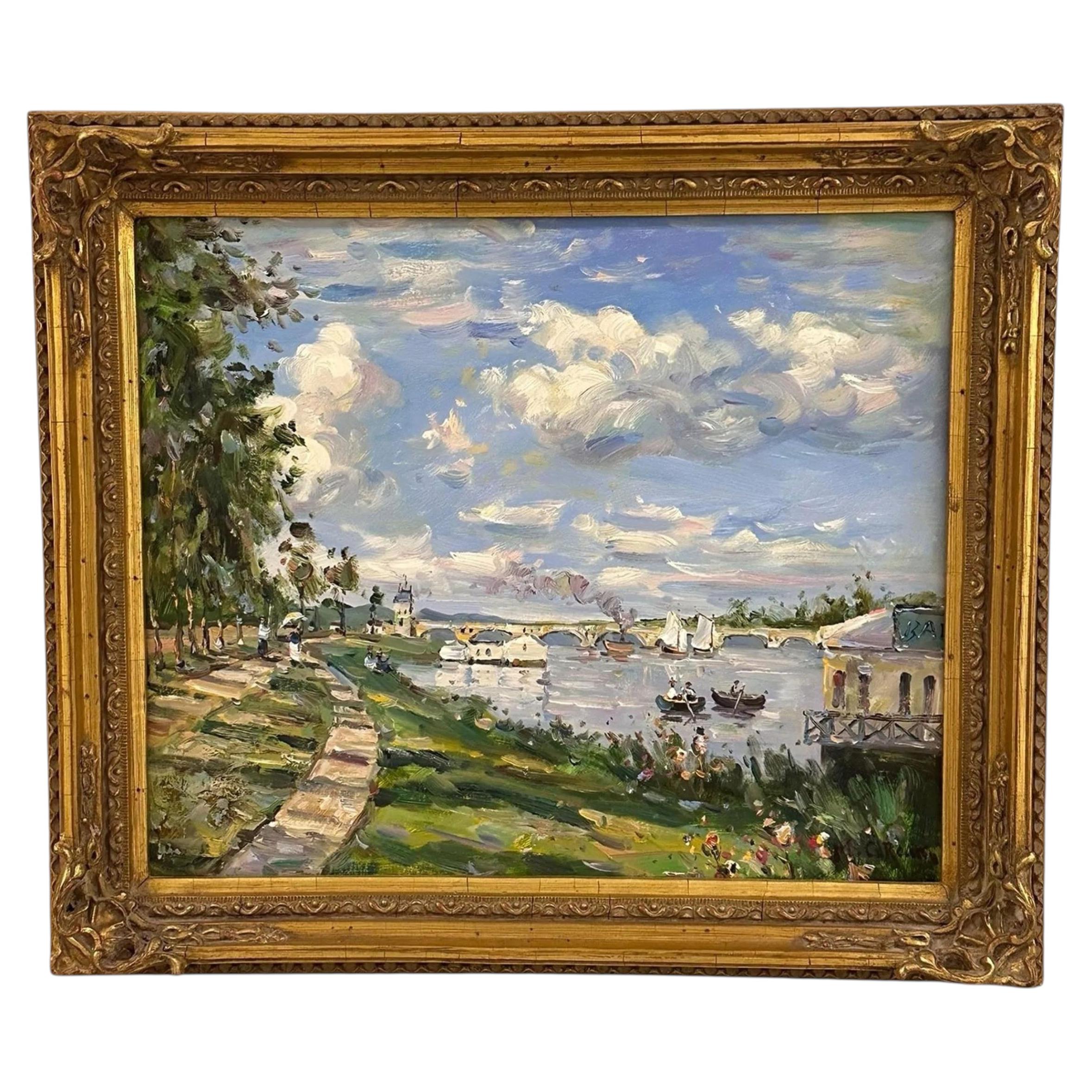 Mid 20th Century Impressionist Riverside Landscape Oil on Canvas, Signed, Framed For Sale