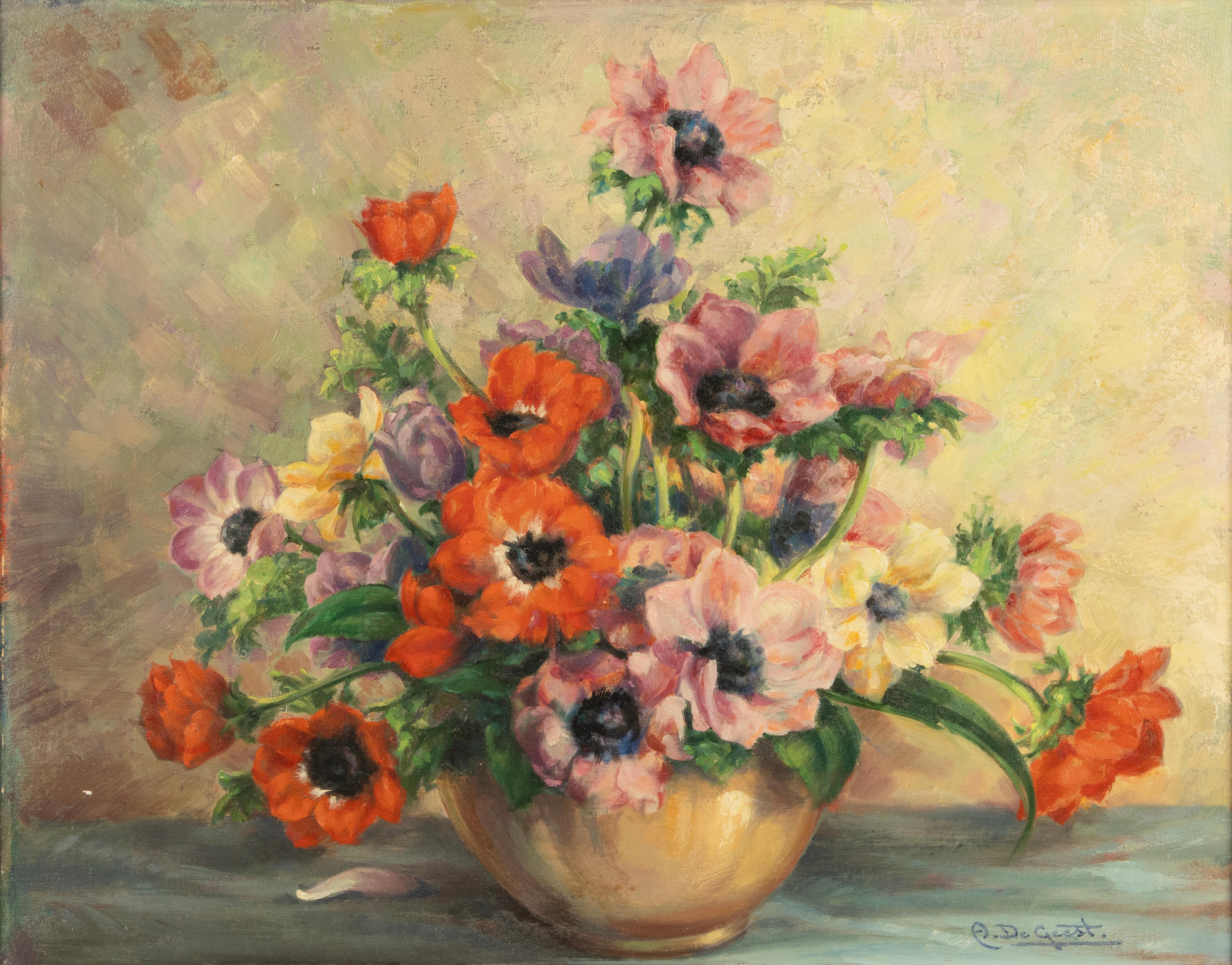 Belgian Mid 20th Century Impressionistic Oil Painting - Flowers - by Arthur de Geest For Sale