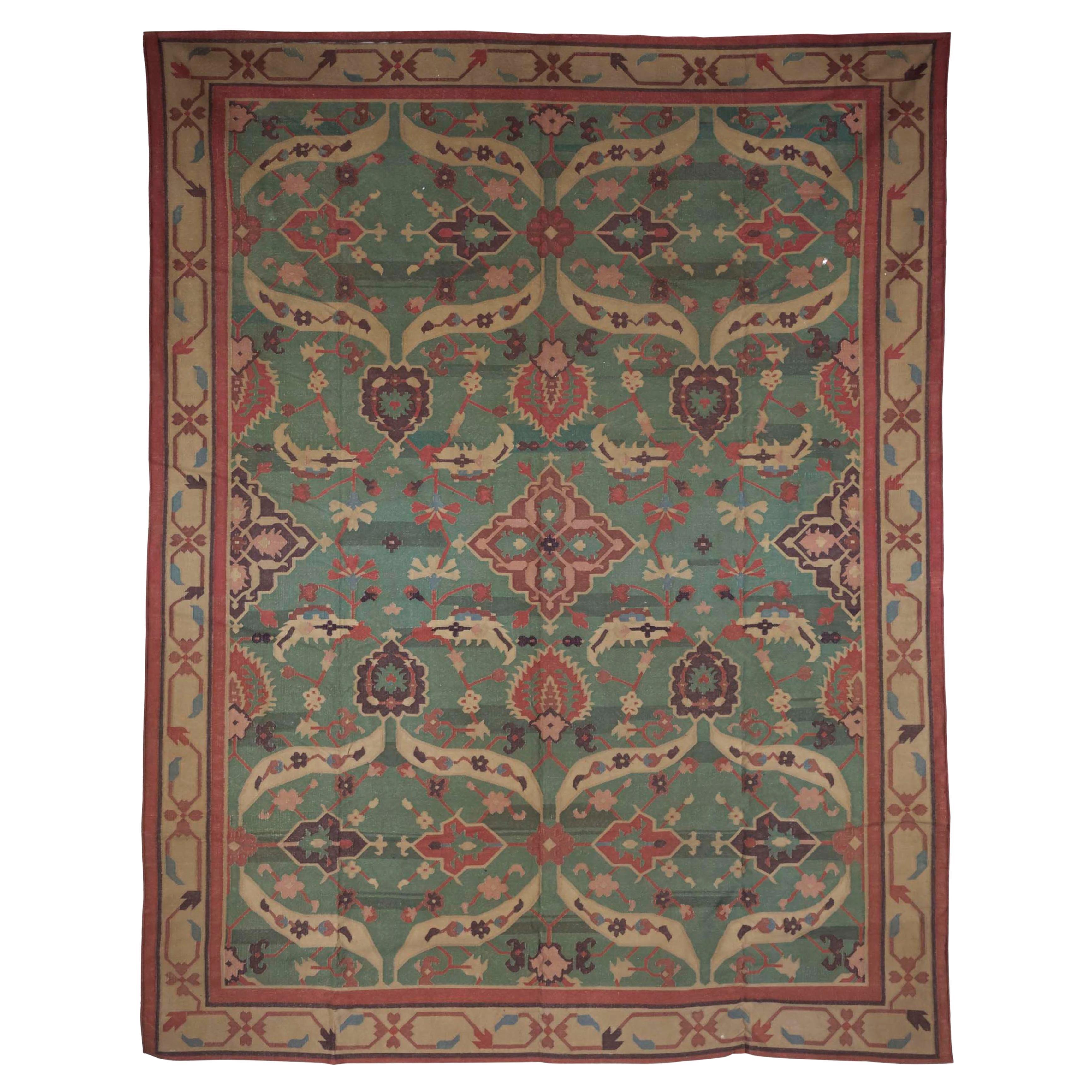 20th Century Blue Red Gold Pink FlatWeave Medallions Indian Rug, circa