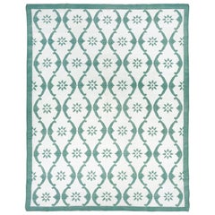 Vintage Mid 20th Century Indian Dhurrie Flatweave Rug, White Field, Dark Green Accents