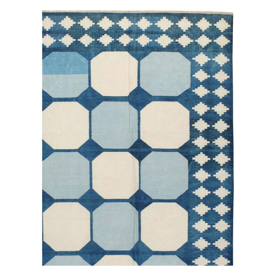 Hand-Woven Mid-20th Century Indian Flat-Weave Dhurrie Room Size Carpet in Blue and White