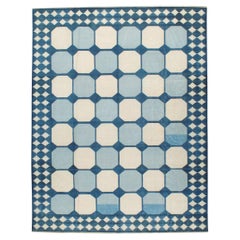 Mid-20th Century Indian Flat-Weave Dhurrie Room Size Carpet in Blue and White