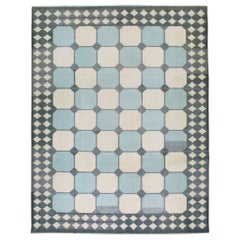 Vintage Mid-20th Century Indian Flat-Weave Dhurrie Room Size Carpet in Grey, Blue, Cream