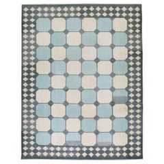 Tapis Dhurrie indien du milieu du 20e siècle à tissage plat de taille normale en gris, bleu, crème